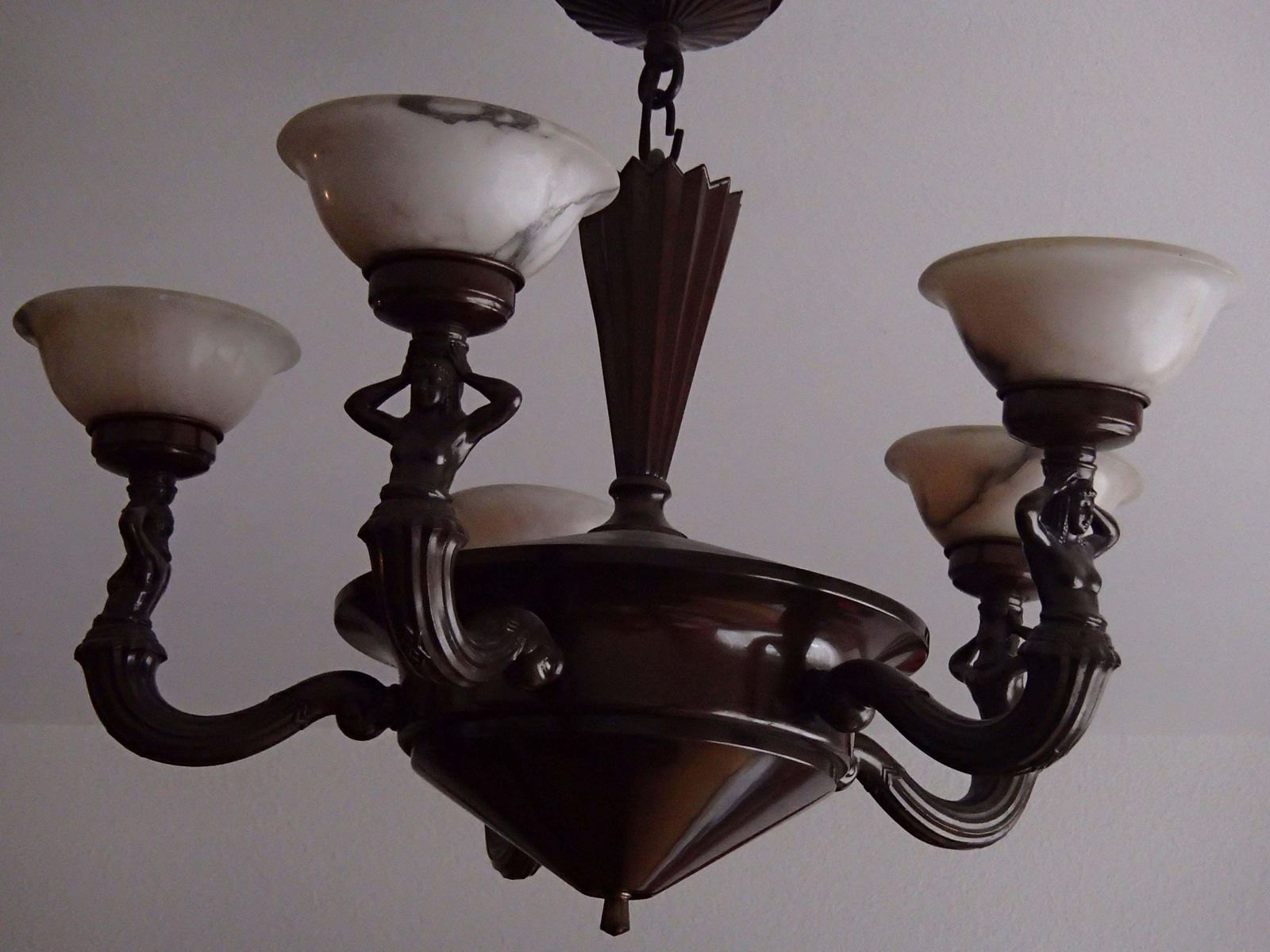 19th Century Bronze Chandelier With Five Alabaster Cups Female Figures photo furniture