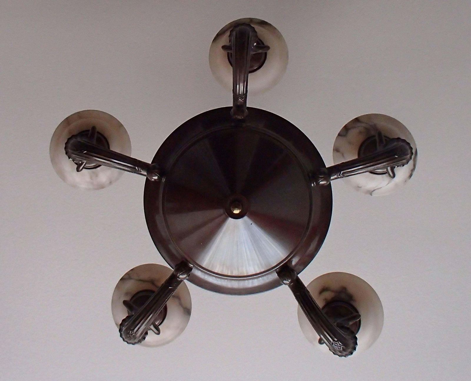 19th Century Bronze Chandelier With Five Alabaster Cups Female Figures photo for sale