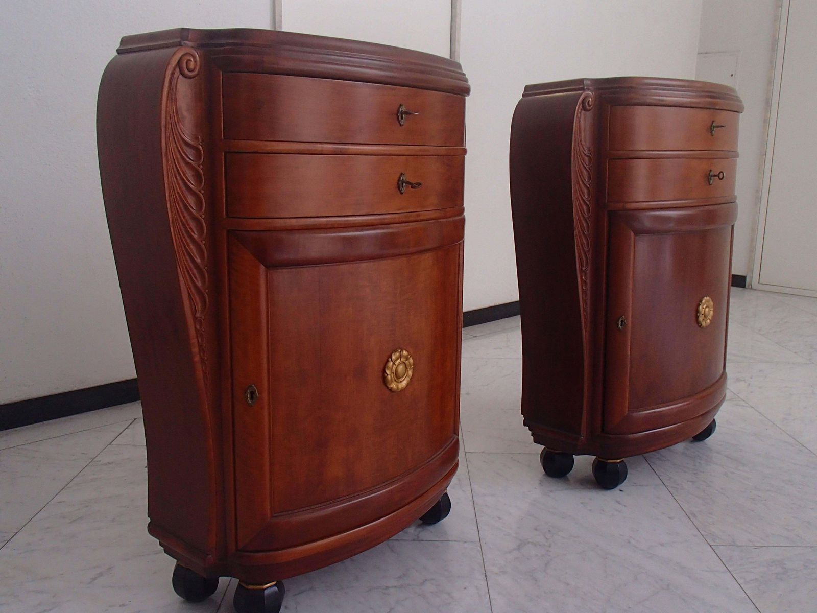 1920 Pair Of Cabinets/Consoles/Cupboards Tinted Birch 4 Ball Legs Floral Emblem photo for sale