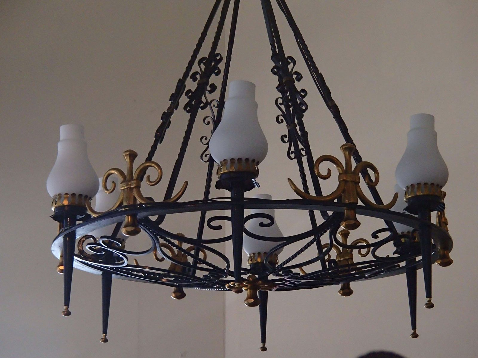 Hughes 1940 Chandelier, Wrought Iron And Brass Opal Glass photo furniture
