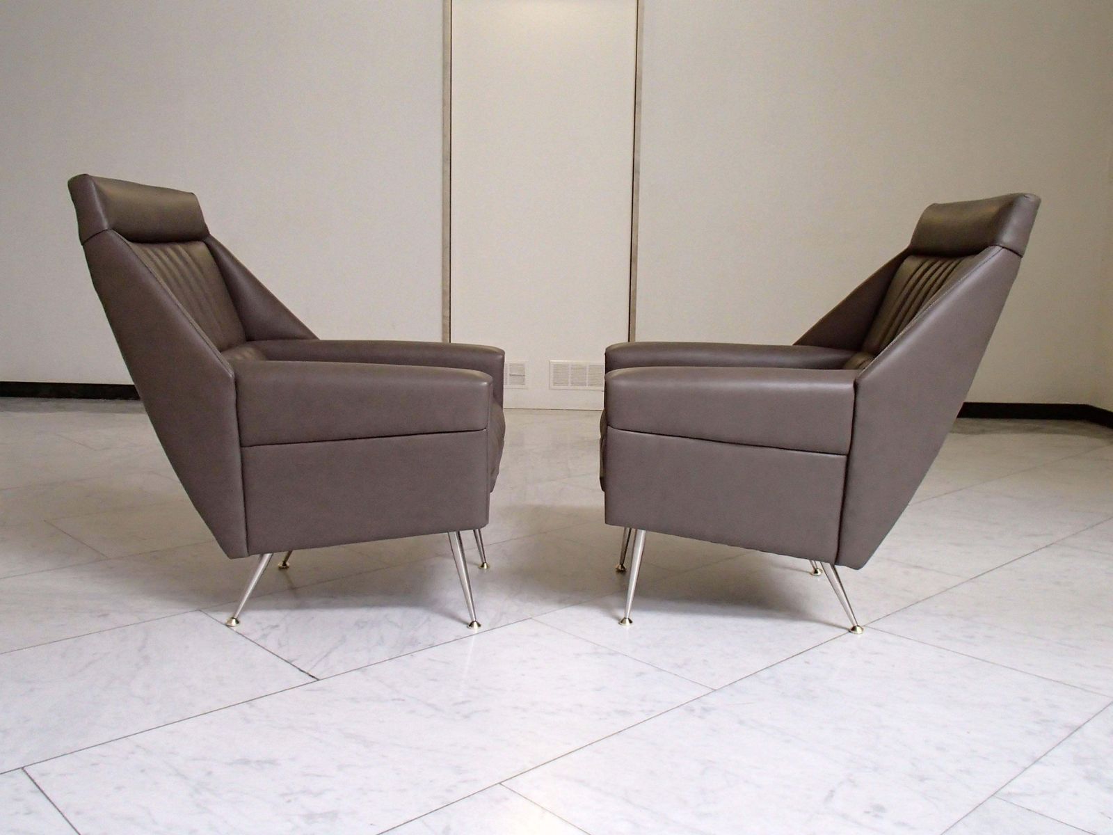 Pair Of Mid Century Modern Armchairs Grey Greenish Leather photo for sale