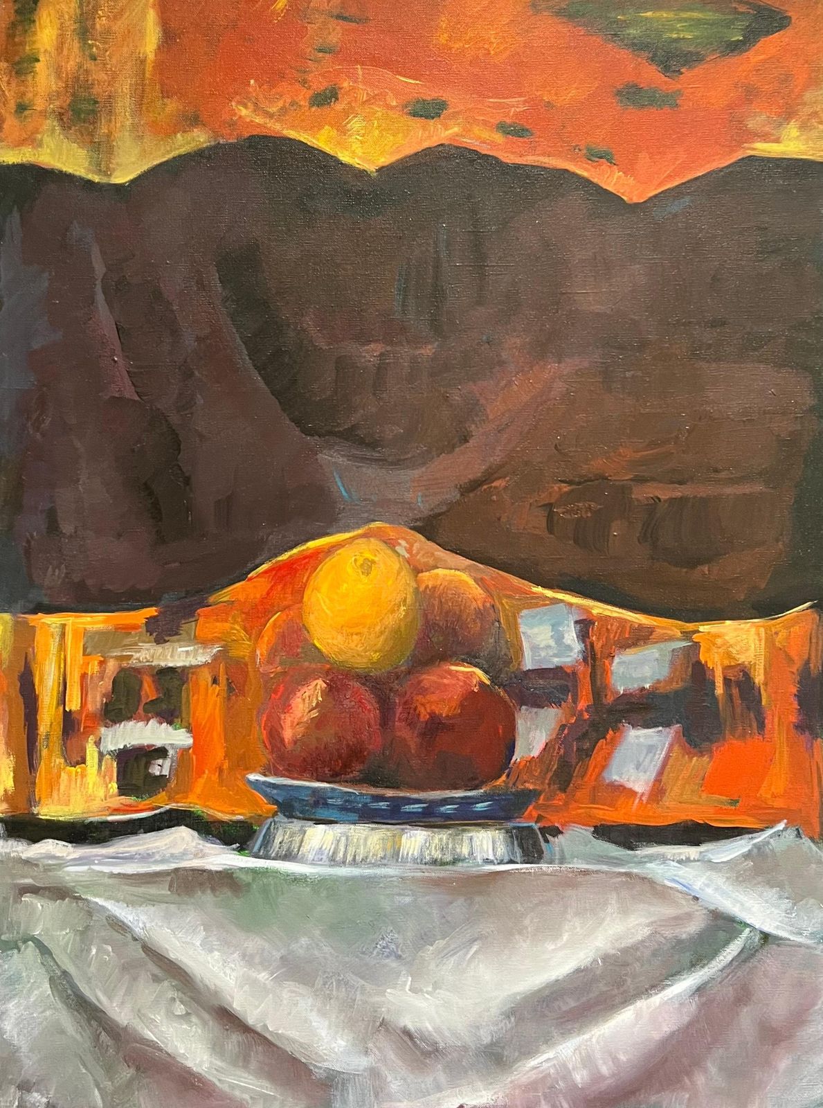 Guy Nicod Orange And Apples Fruit Bowl Brown Interior Still Life 20th Century French Oil
