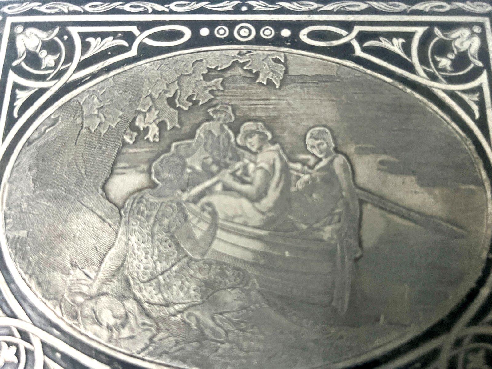 20th Century Marquetry Jewelry Box With Engraved Metal Depicting A Lively Scene photo vintage