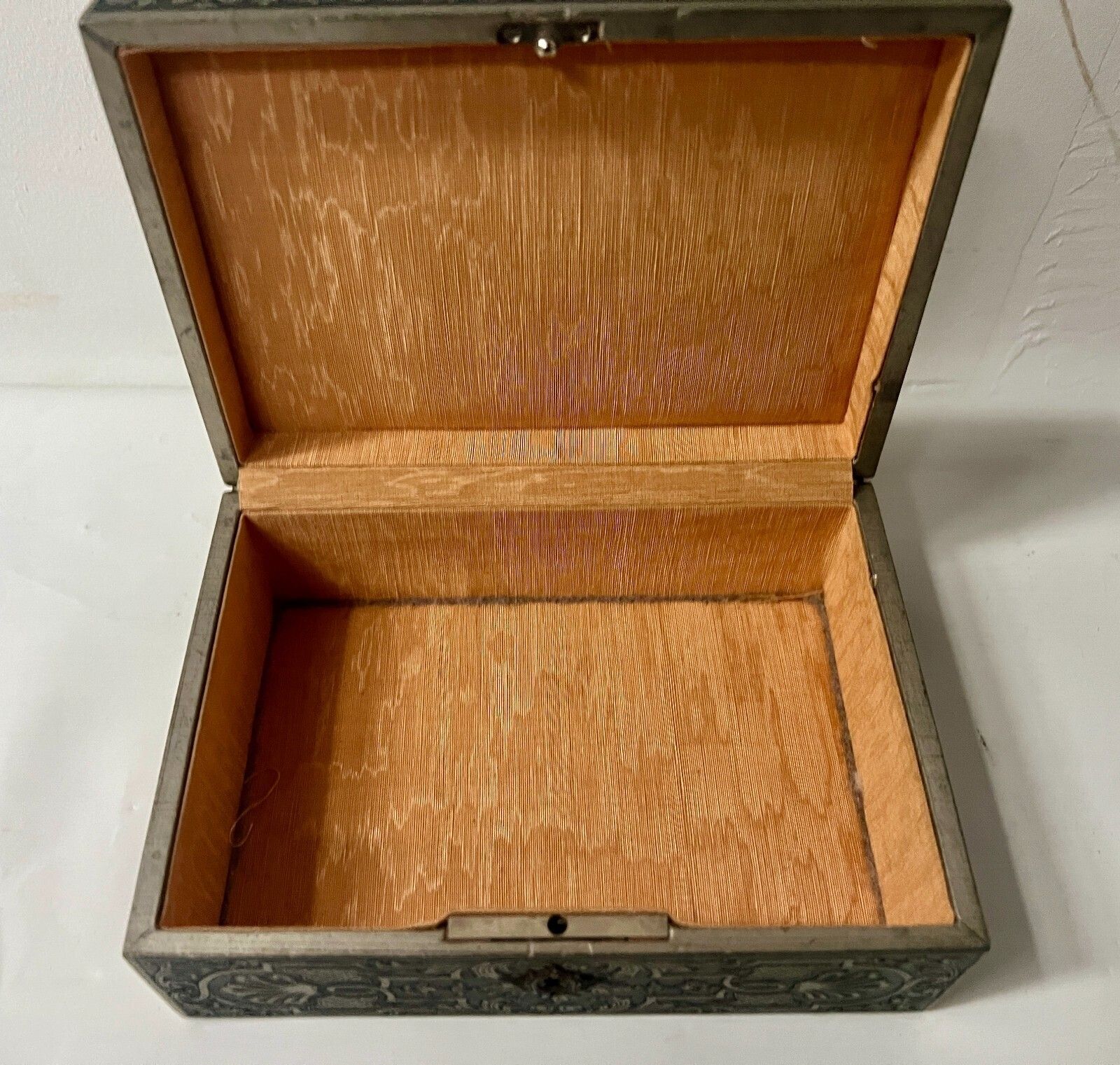 photo furniture 20th Century Marquetry Jewelry Box With Engraved Metal Depicting A Lively Scene