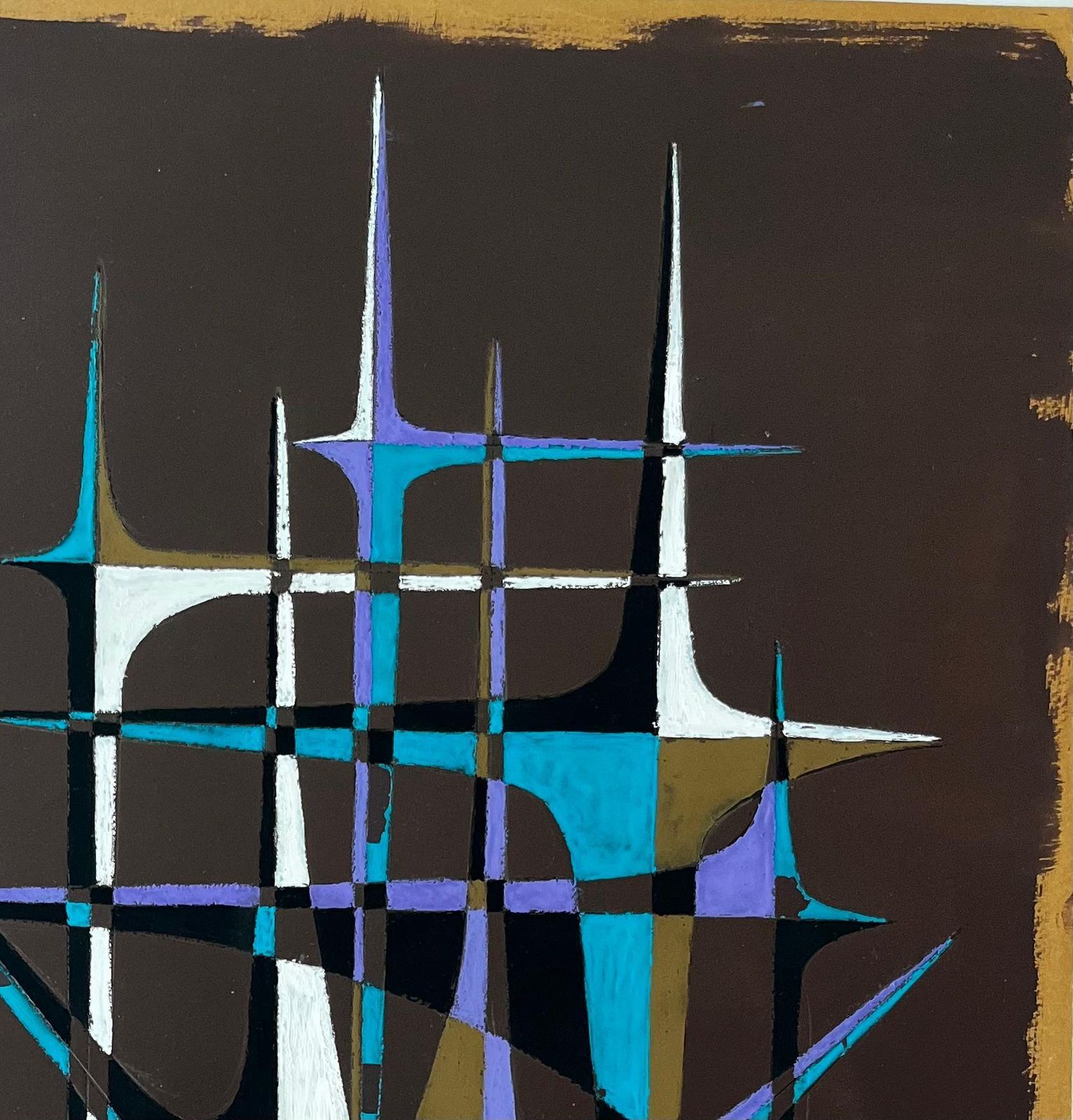 Serge Guerin (1916) Mid Century French Geometric Abstract With Spires In Teal Purple And White photo for sale