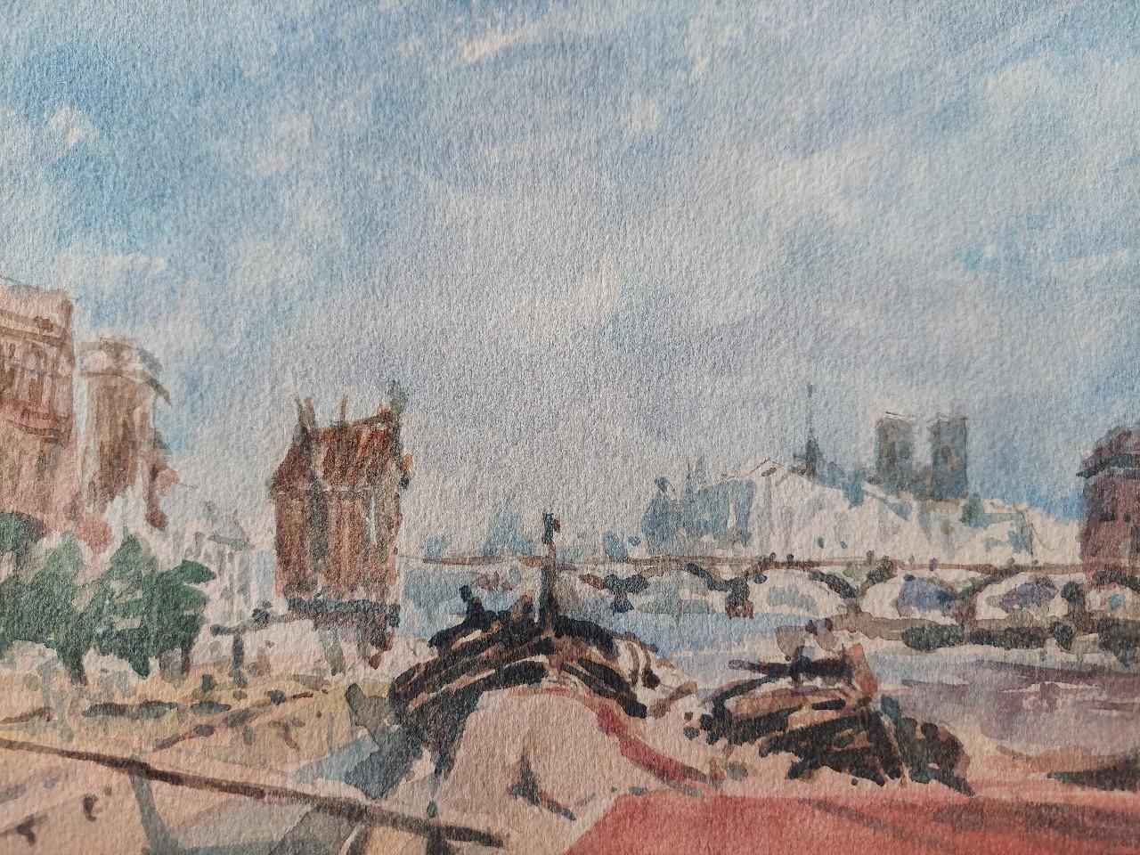 Maurice Mazeilie French Modernist Cubist Painting Paris River Seine Barges 20th Century photo for sale