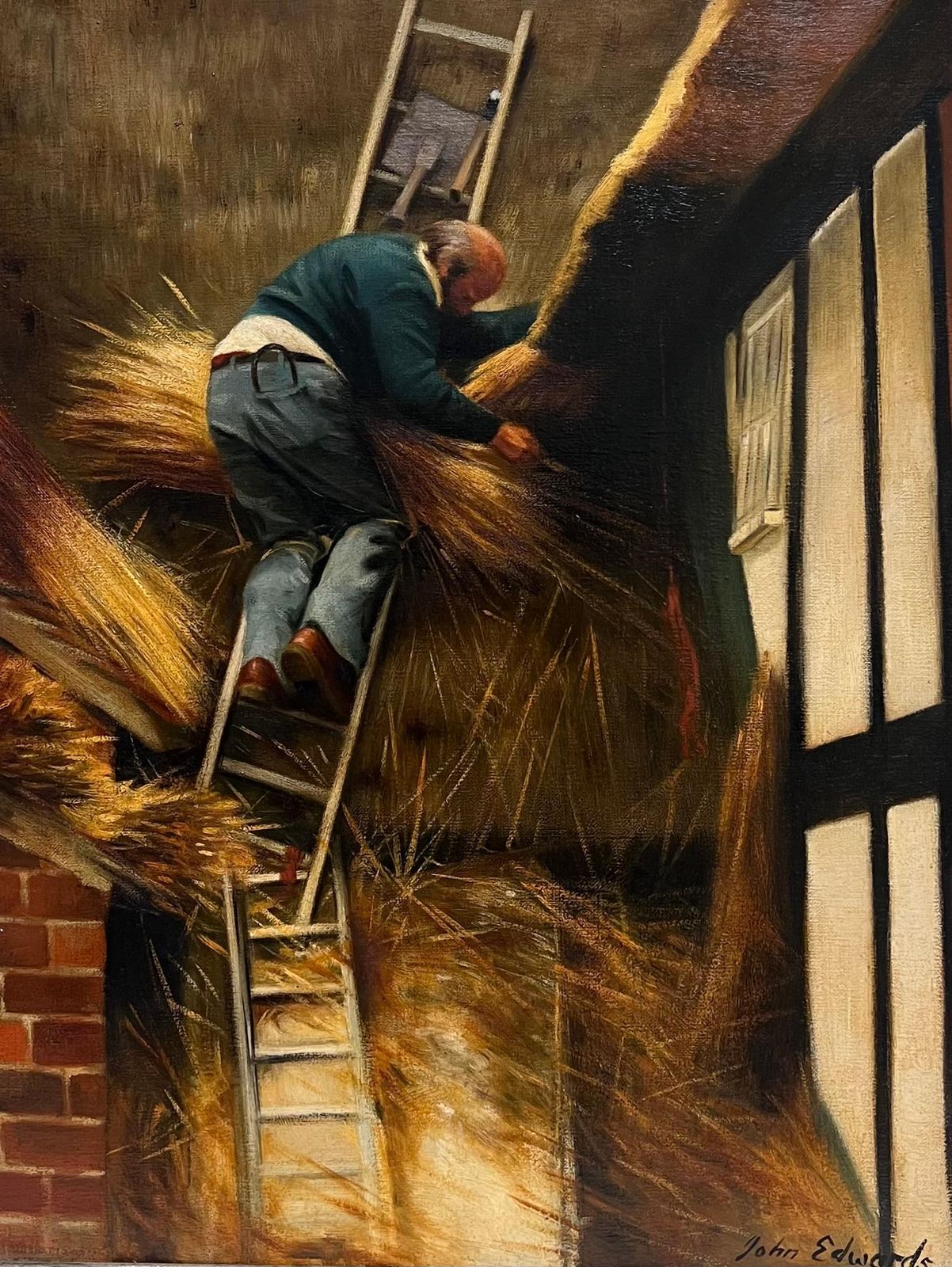 The Thatcher Traditional English Rural Crafts Oil Painting Portrait Straw Roofer photo furniture
