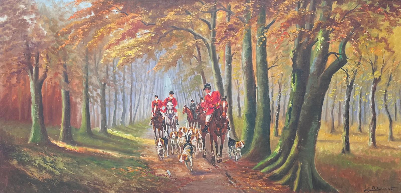Huge French Vintage Oil Painting Hunting Scene Red Coats Horses And Hounds