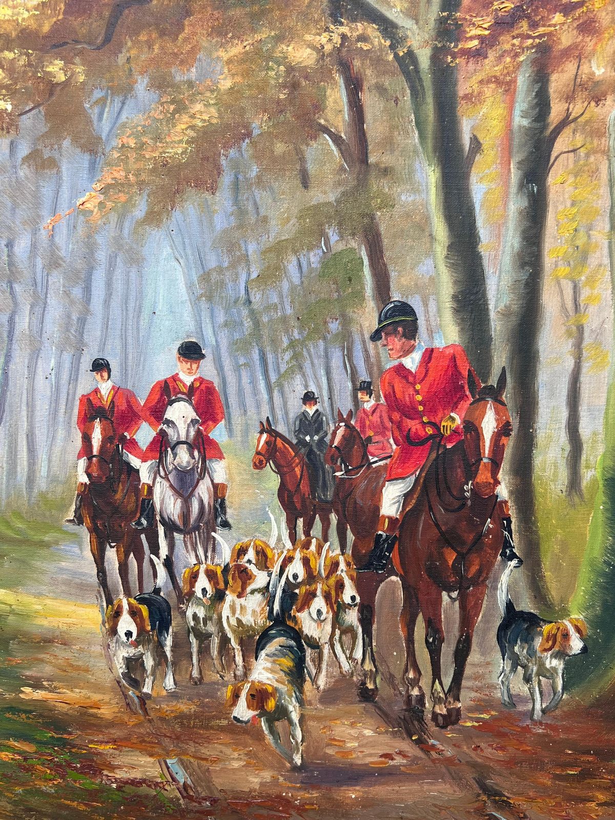 Huge French Vintage Oil Painting Hunting Scene Red Coats Horses And Hounds photo vinterior