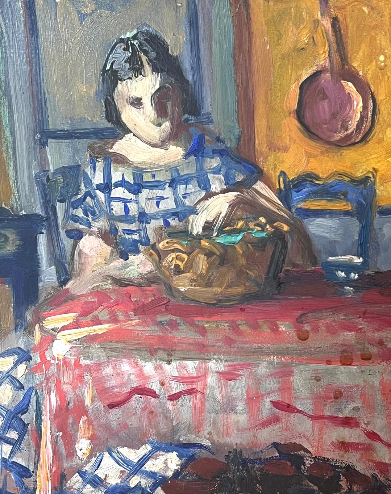 French School 1930's French Post Impressionist Oil Lady Seated Kitchen Table Interior Dresser 1930's photo Art