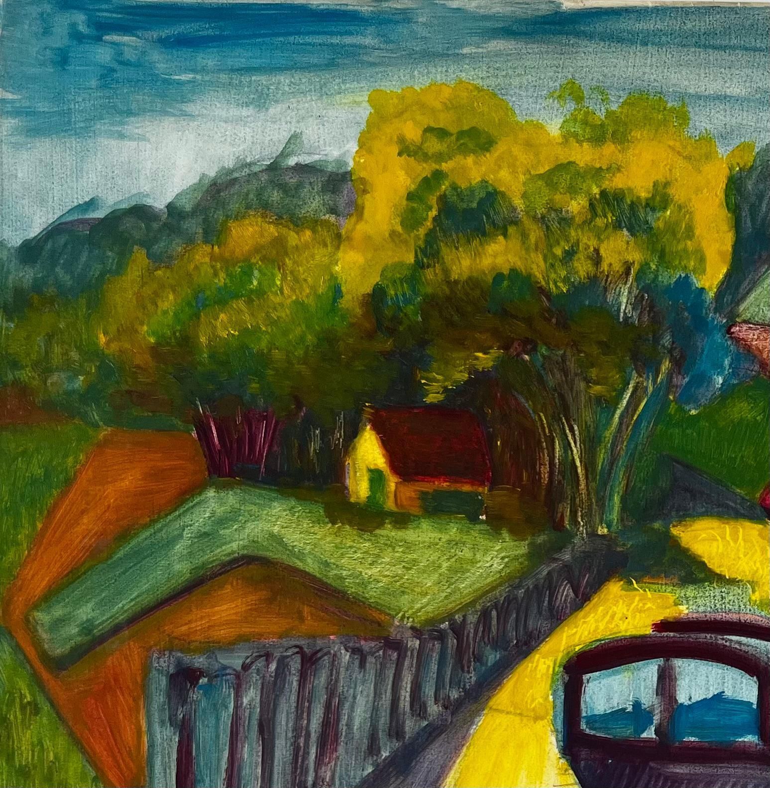 Cubist Gouache French Landscape With Yellow Path Trees Houses And Fields photo Art