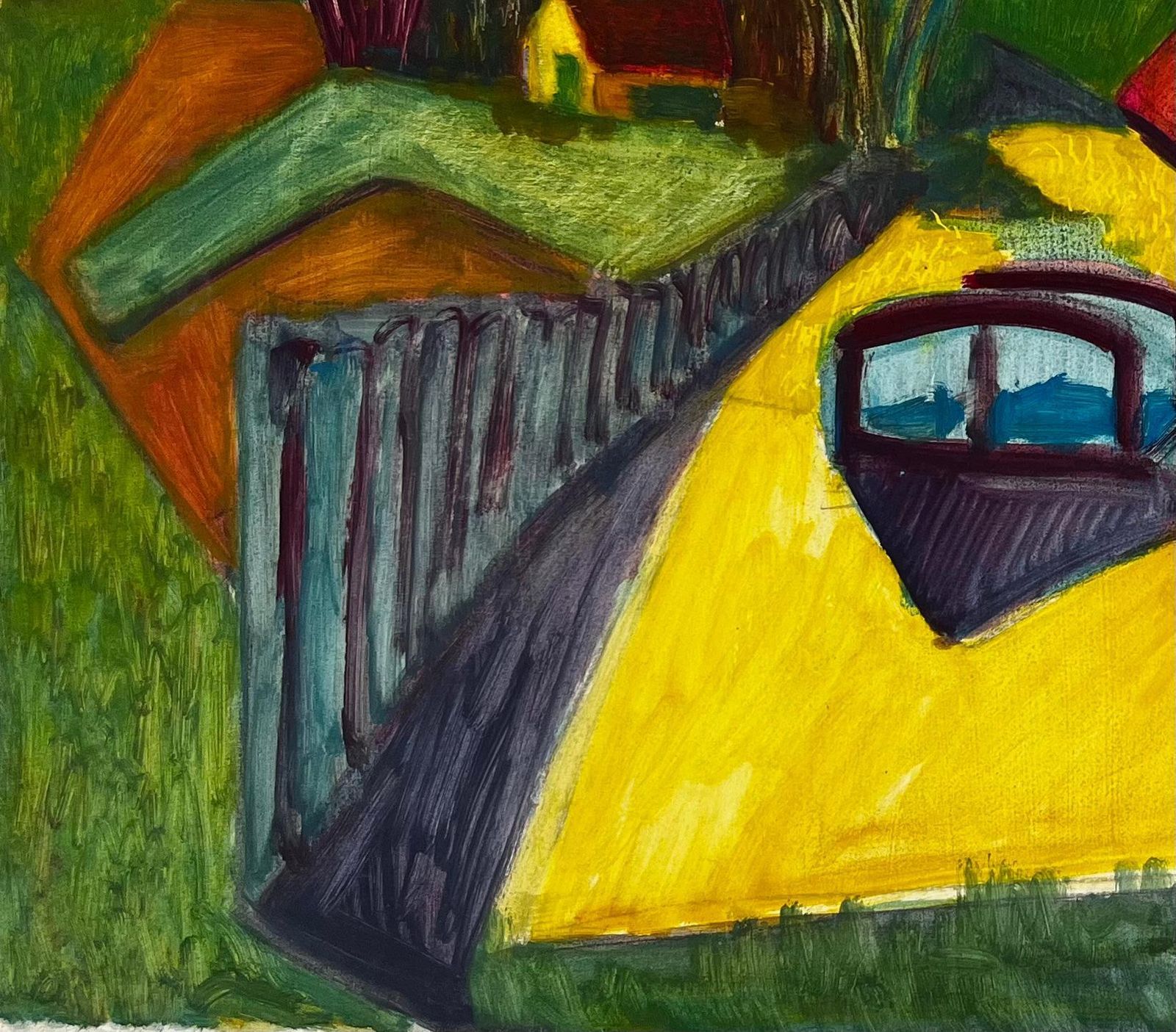 Cubist Gouache French Landscape With Yellow Path Trees Houses And Fields photo 455.0