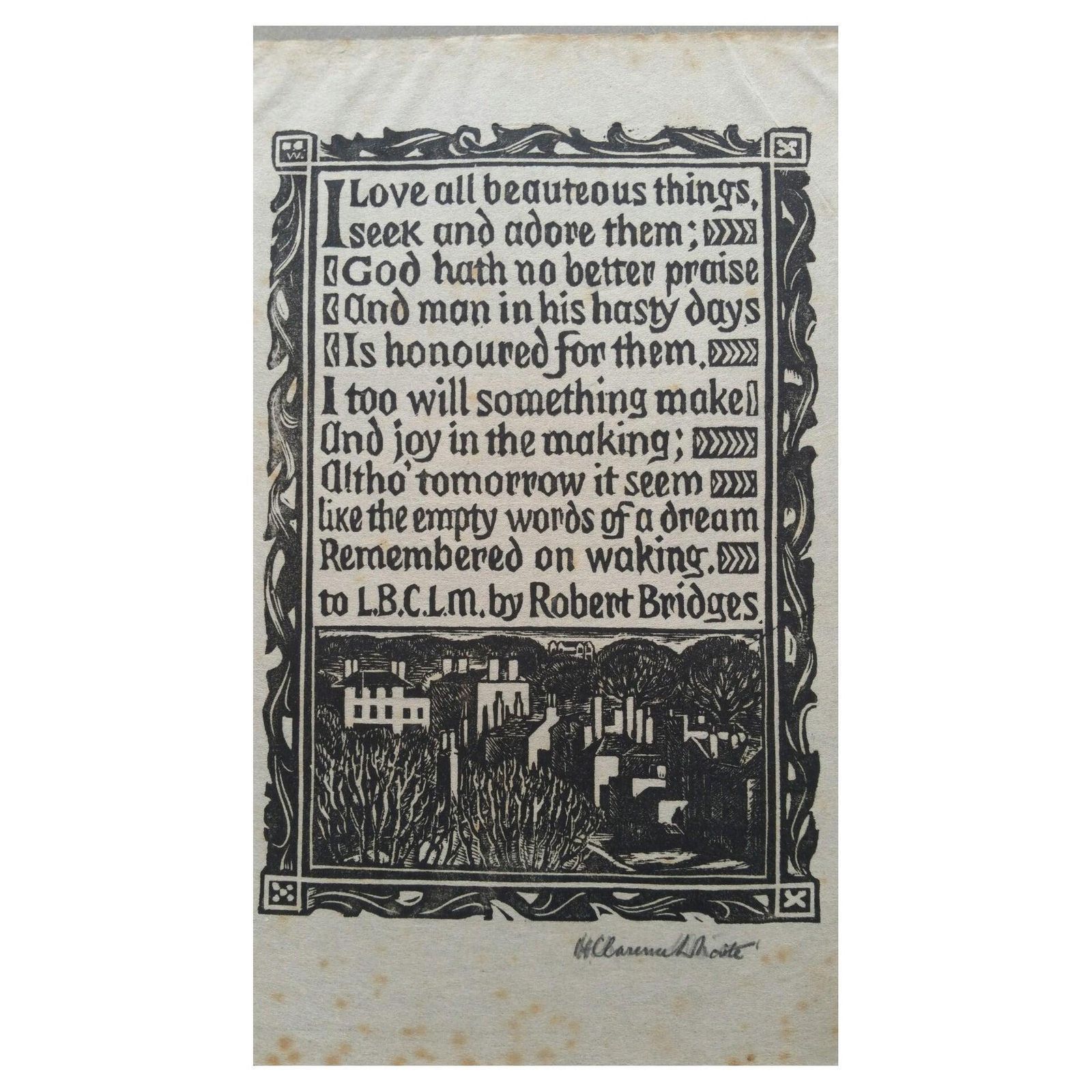 Unknown English Antique Woodcut Engraving, Signed, Of Prose By Robert Bridges Circa 1920 1930