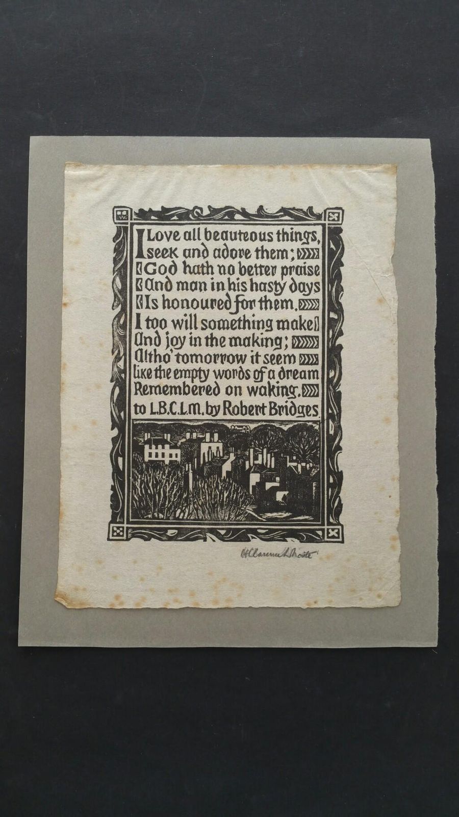 Unknown English Antique Woodcut Engraving, Signed, Of Prose By Robert Bridges Circa 1920 1930 photo furniture