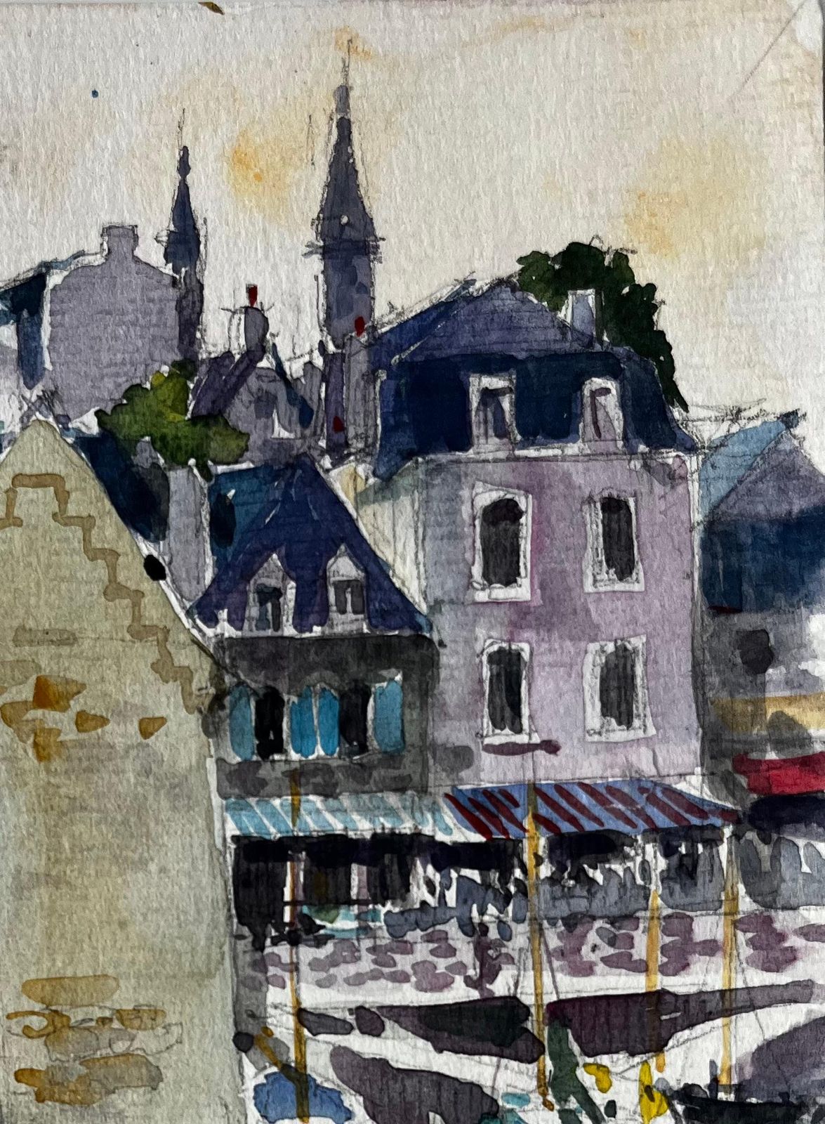 Pierre Neveu French Harbour Scene With Boats And Stone Buildings Brittany Coastal Watercolour photo vintage