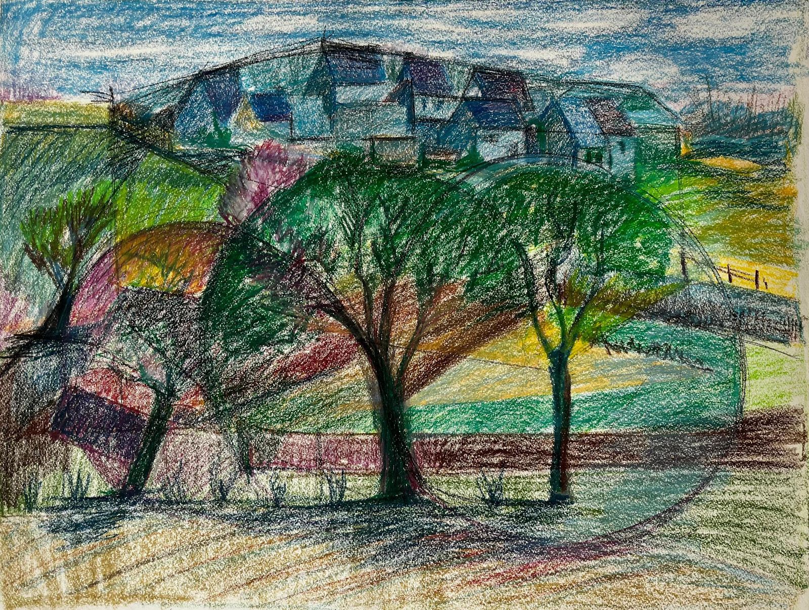French Village Landscape With Trees And Hilltop Houses Pastel Drawing