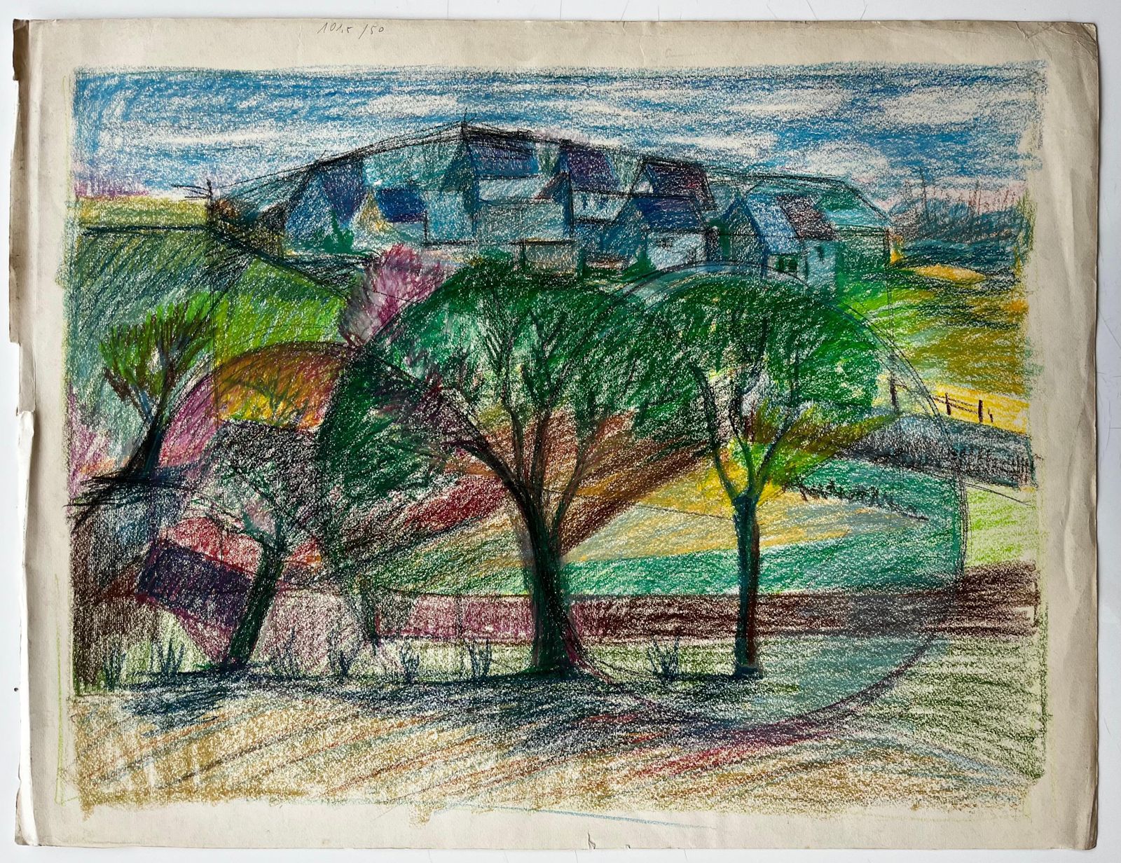 French Village Landscape With Trees And Hilltop Houses Pastel Drawing photo furniture