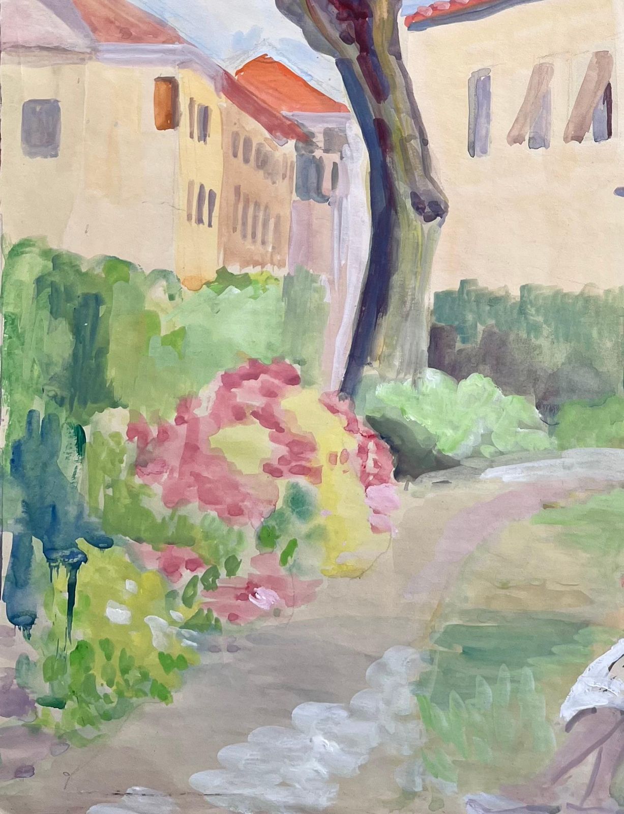 Anne Marie Migette Perard Mid Century French Watercolour Of Woman Seated In Garden With Pink Flowers photo Art