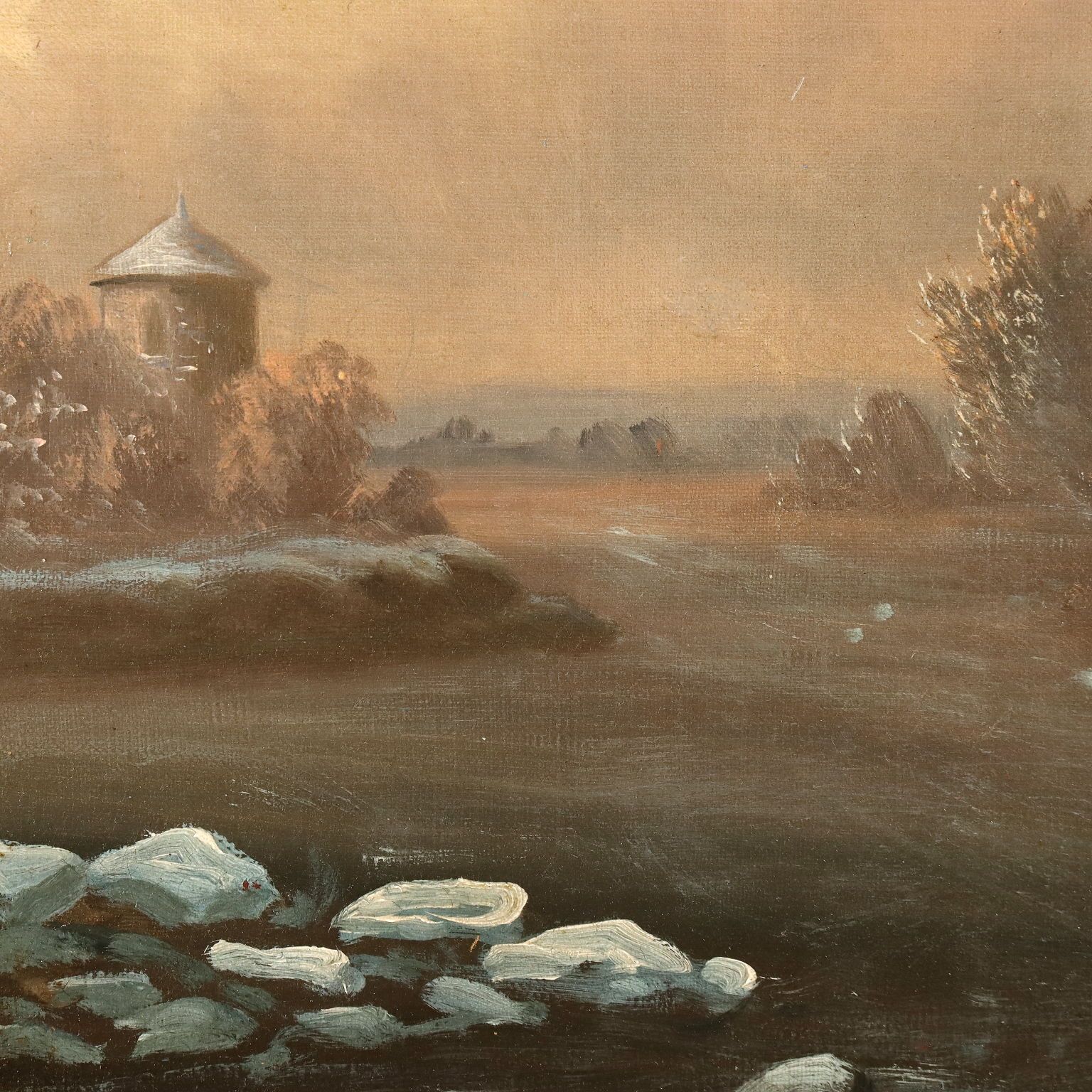 Antique Painting With Winter Landscape Oil On Canvas XIX Century photo 510.0