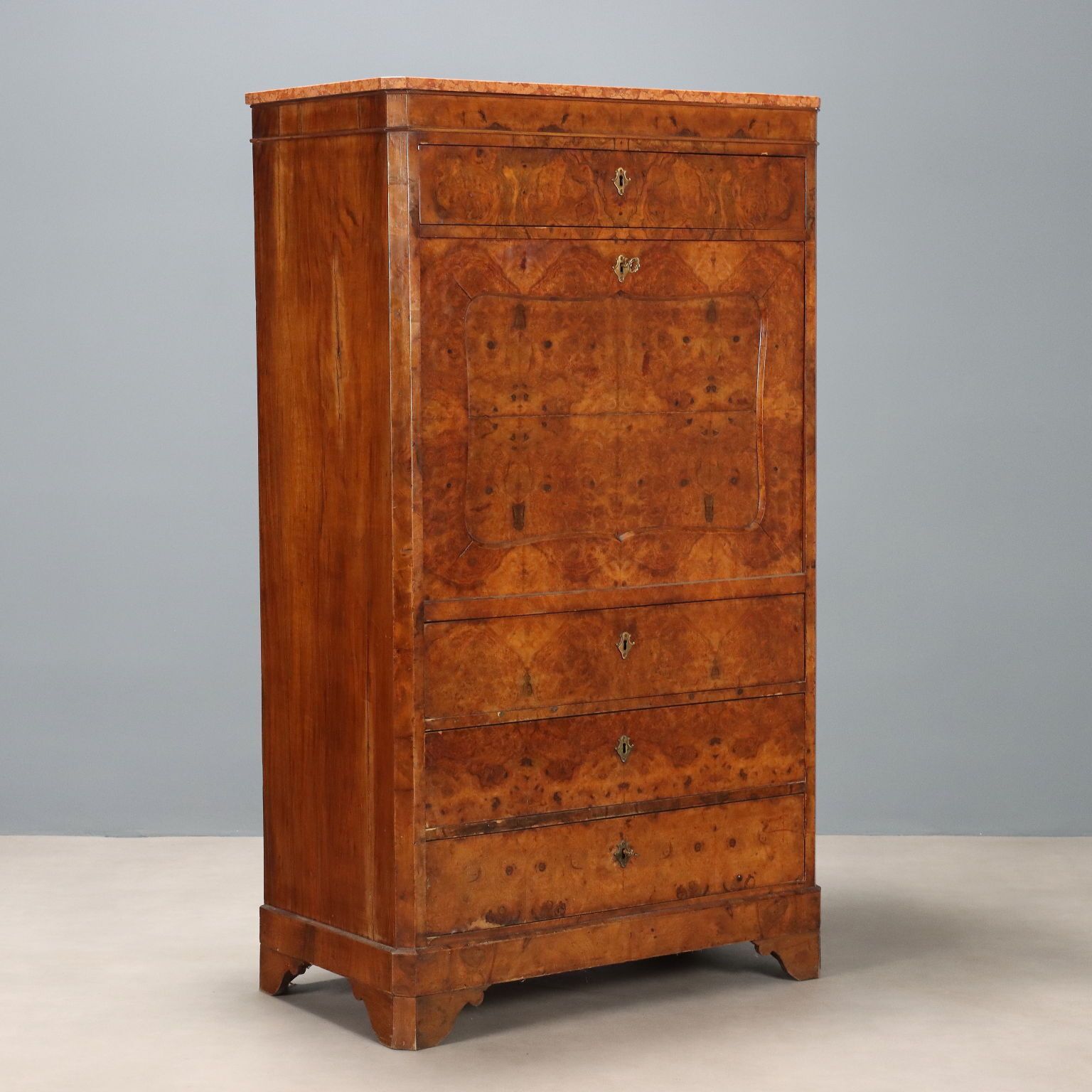 Antique Biedermeier Secretaire Feather Walnut Burl Austria XIX Century