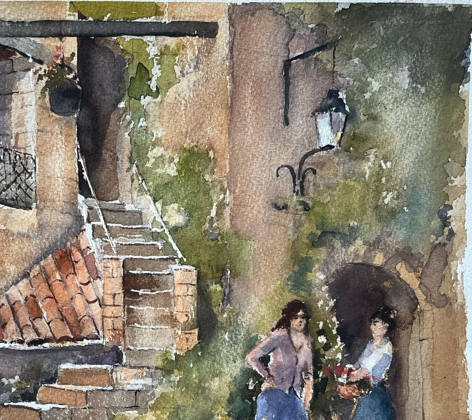 Anthony Avery British Watercolor Of A Rustic Mediterranean Courtyard With Flower Sellers photo Art