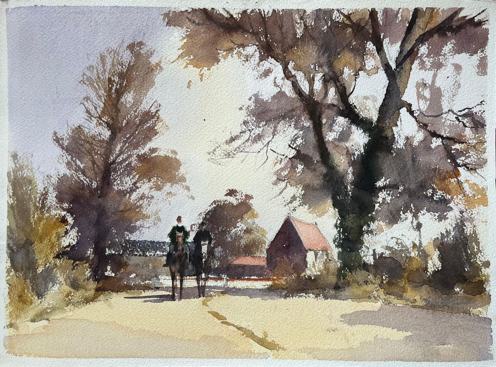 Anthony Avery British Impressionist Watercolor Of Horse Riders On A Country Lane
