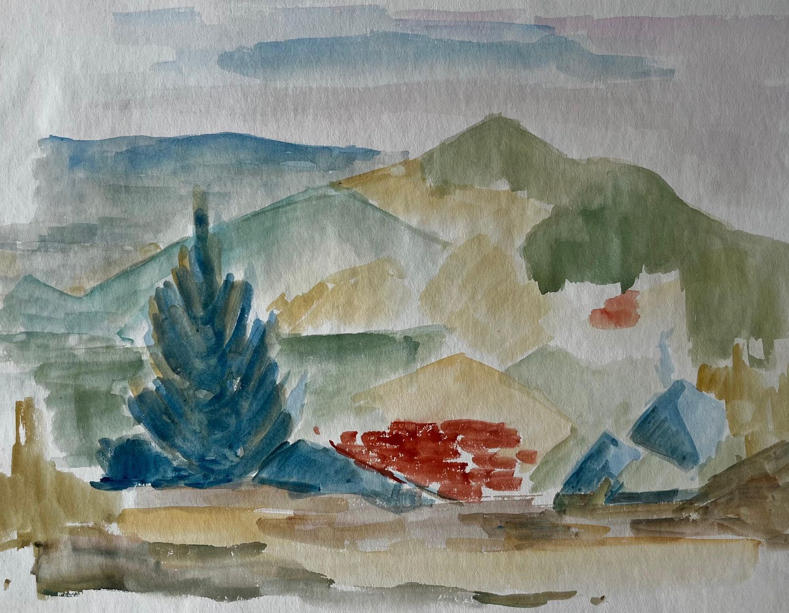 Guy Nicod Mountain Landscape With Cypress French Modernist Gouache By Guy Nicod