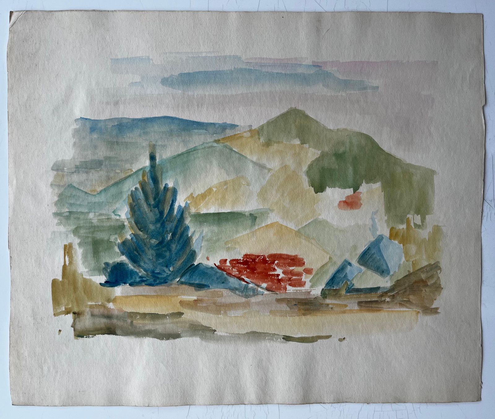 Guy Nicod Mountain Landscape With Cypress French Modernist Gouache By Guy Nicod photo furniture