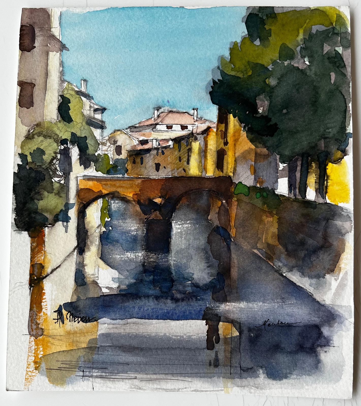 Pierre Neveu Provence Stone Bridge Village Scene Watercolour French Post Impressionist photo furniture