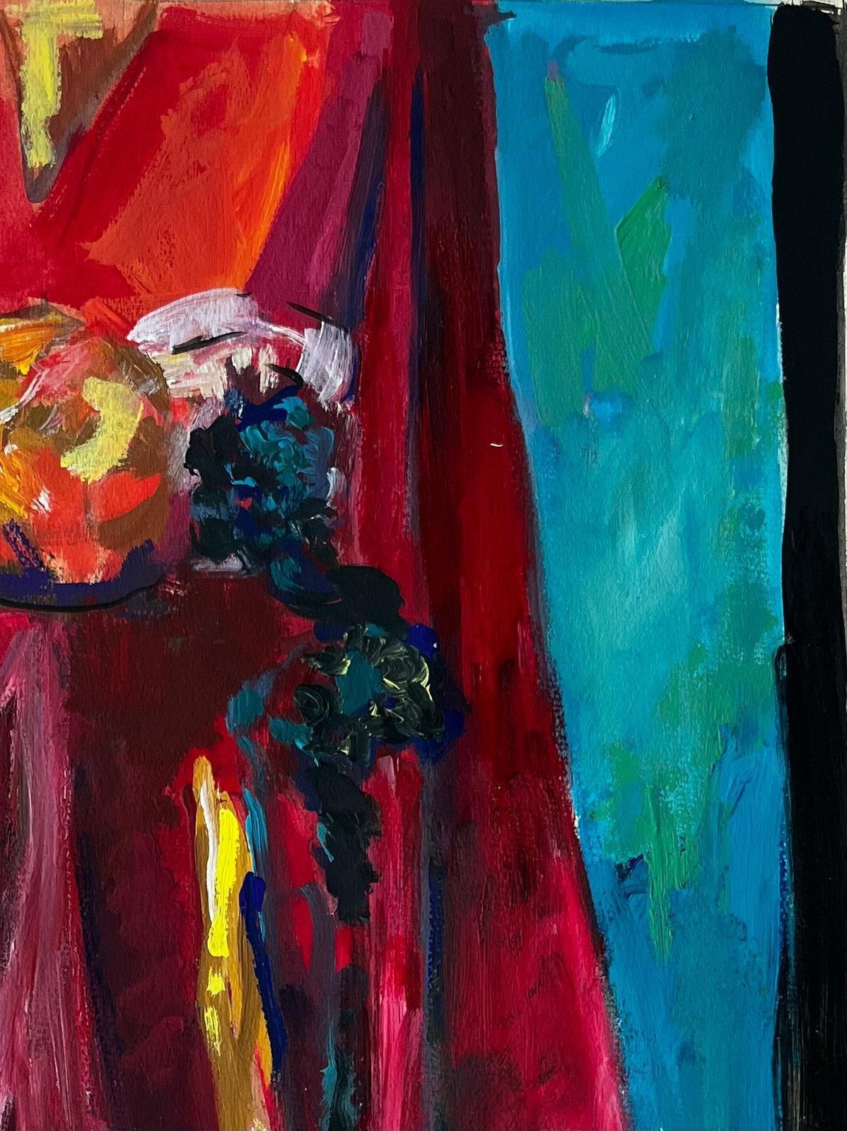 Guy Nicod Still Life With Red Drapery Fruit And Blue Background French Modernist Gouache photo Art