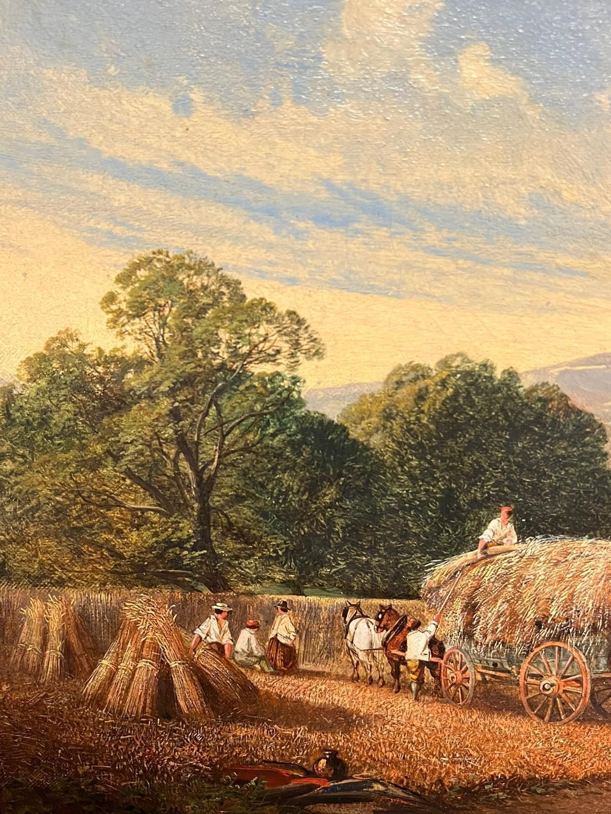 English Victorian Oil Early 19th Century Welsh Oil Painting Harvest Time Loading Haycart Mountains photo 1460.0