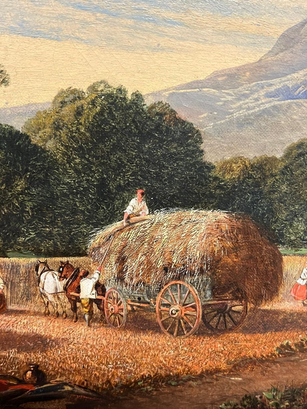 English Victorian Oil Early 19th Century Welsh Oil Painting Harvest Time Loading Haycart Mountains photo vintage
