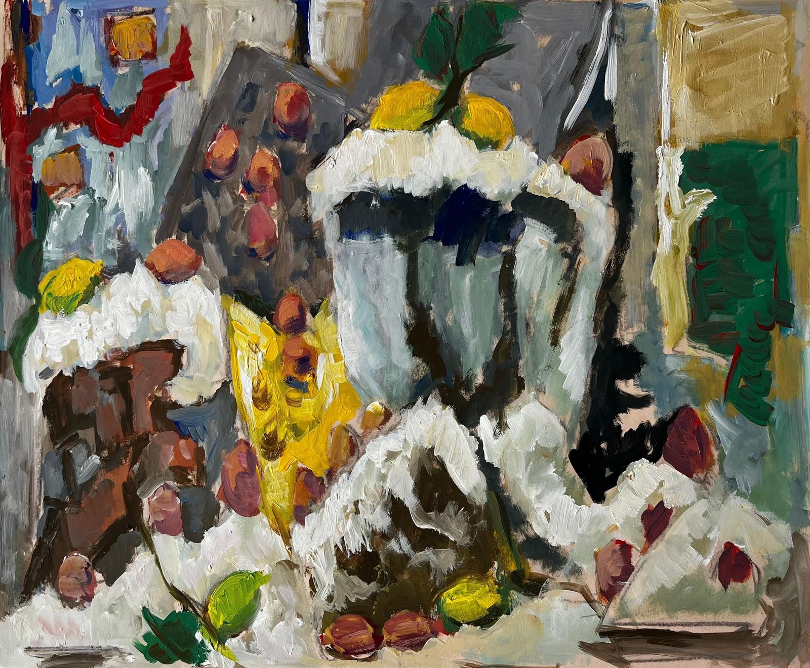 Guy Nicod Still Life With Lemons Chestnuts And Yellow Jug French Modernist Gouache