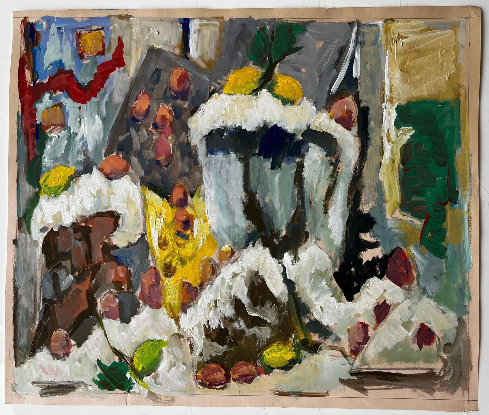Guy Nicod Still Life With Lemons Chestnuts And Yellow Jug French Modernist Gouache photo furniture