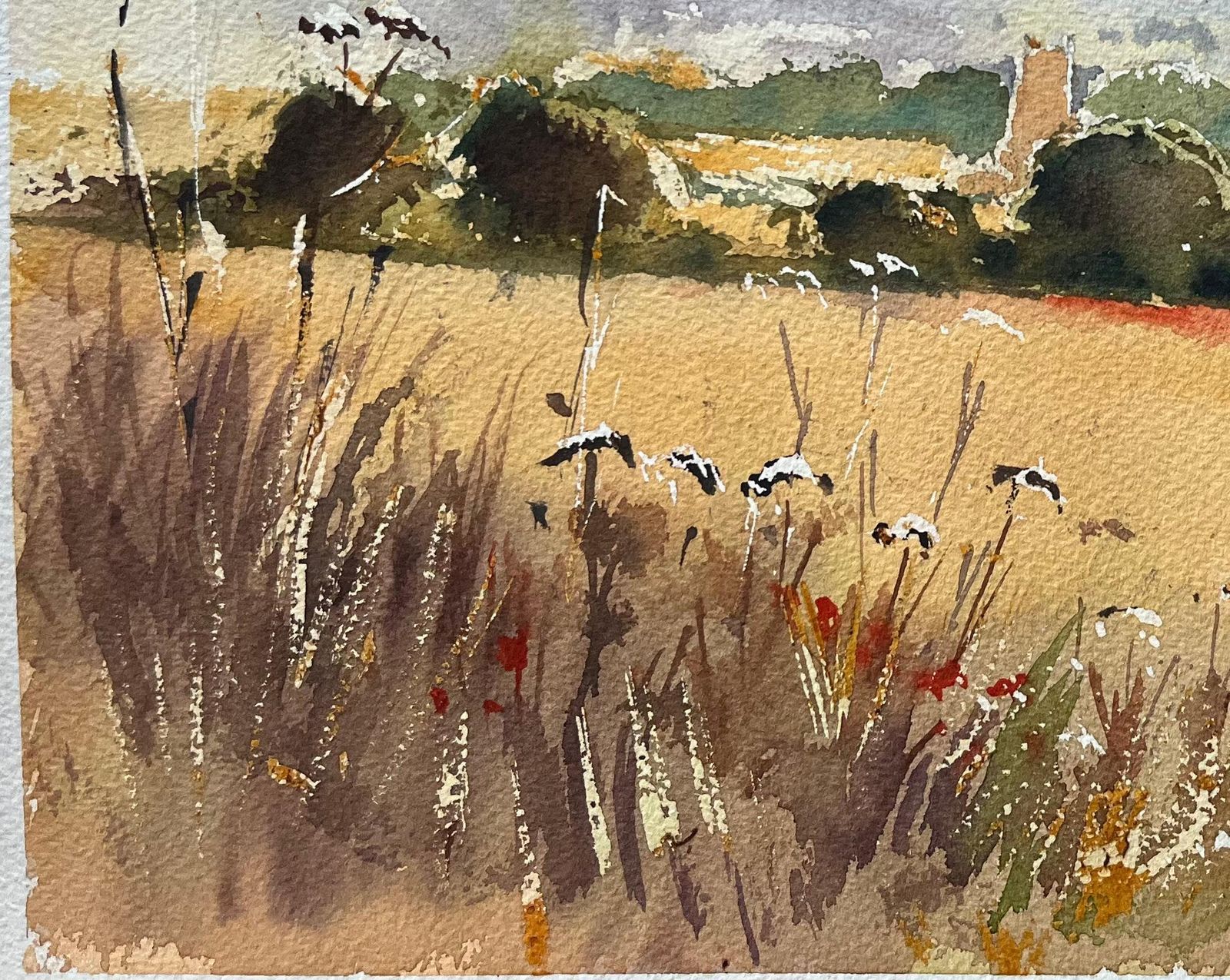 Anthony Avery British Impressionist Watercolor Of Summer Fields With Wildflowers And Church photo for sale