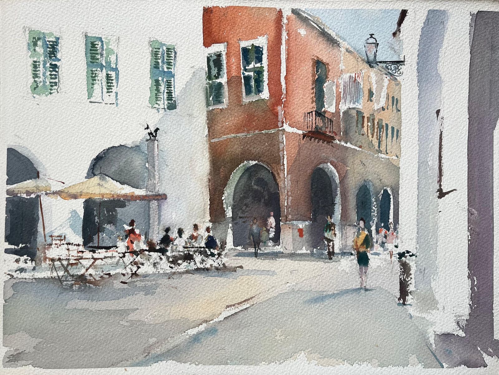 Anthony Avery British Impressionist Watercolor Of A Charming European Street Scene With Cafe