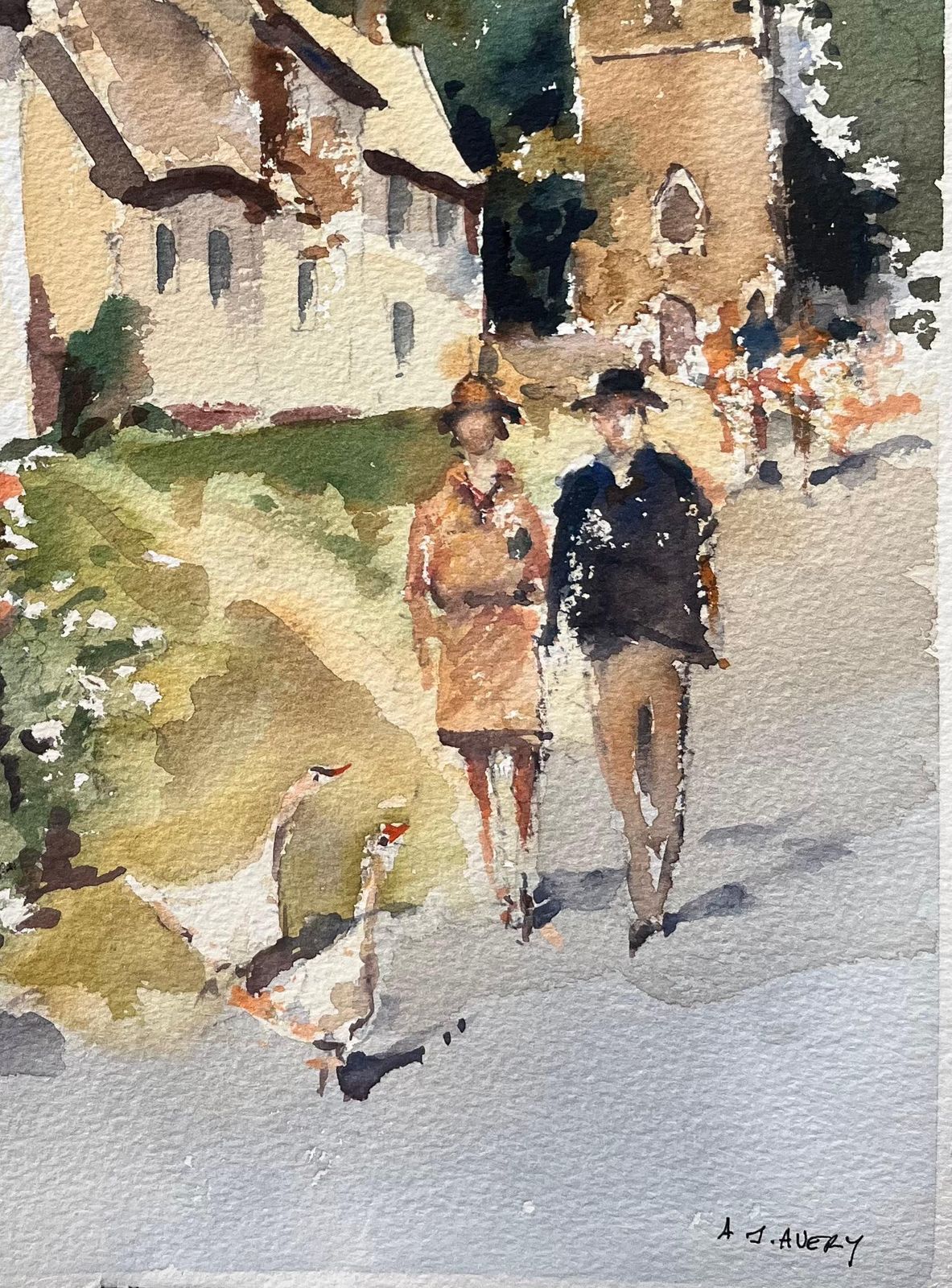 Anthony Avery British Impressionist Watercolor Of A Country Lane With Church And Geese photo for sale
