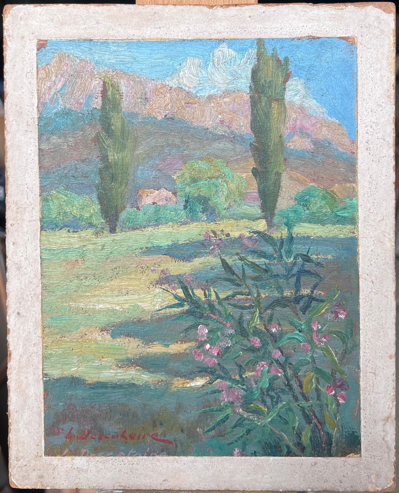 L. Descatoire (19th 20th Century) Mid 20th Century French Impressionist Oil Painting Provence Landscape Trees photo furniture