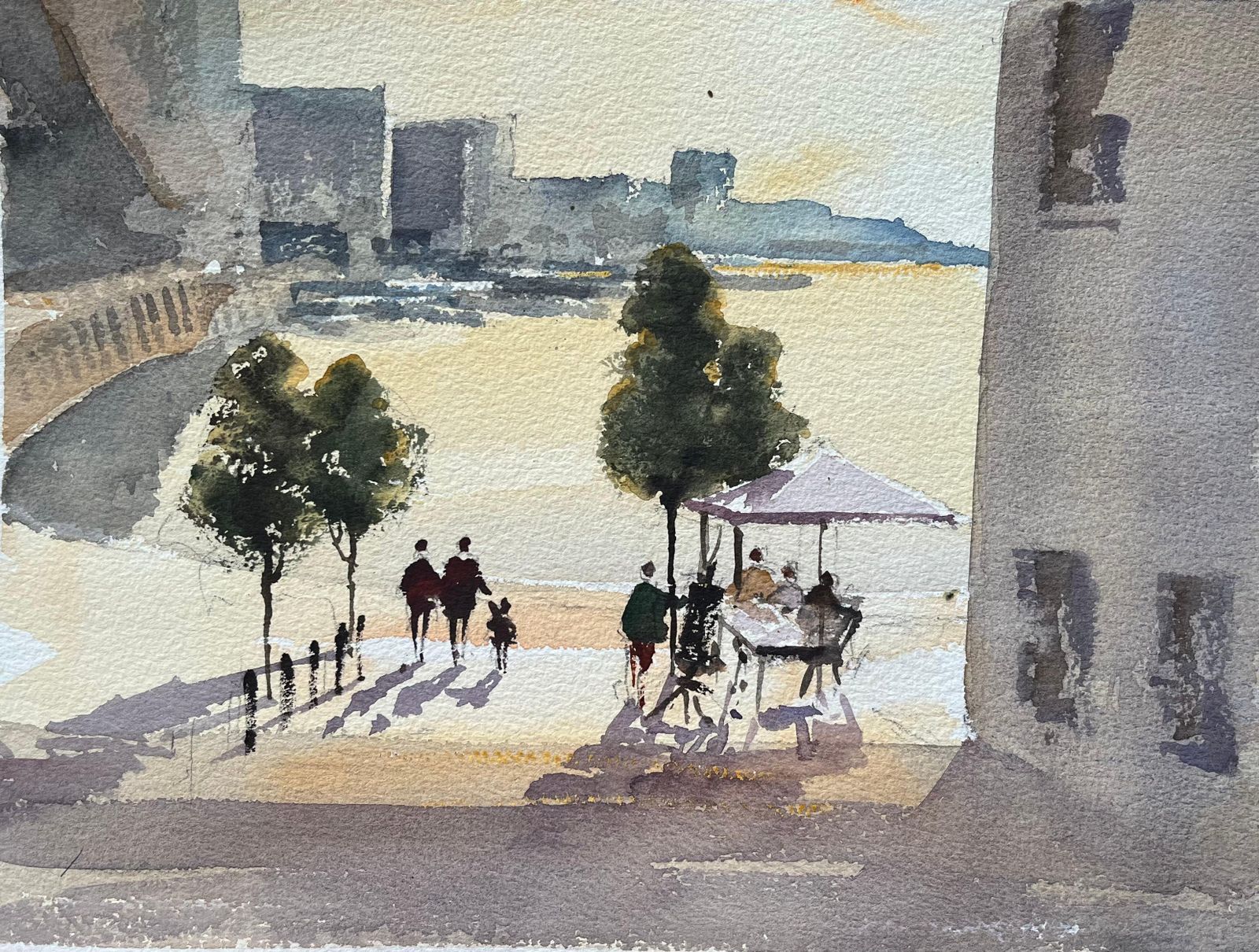 Anthony Avery British Impressionist Watercolor Of A Figures Taking A Riverside Walk At Sunset
