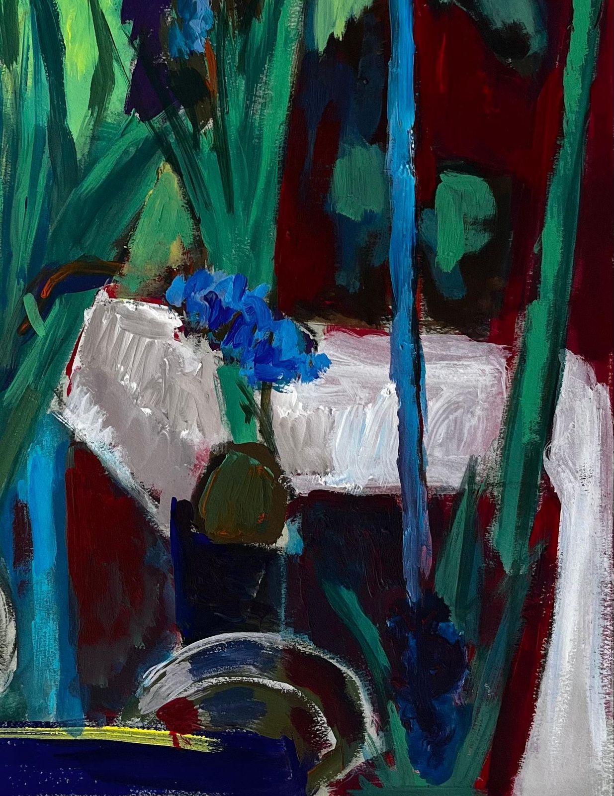 Guy Nicod Still Life With Blue Flowers And Green Drapery French Modern Gouache Painting photo for sale