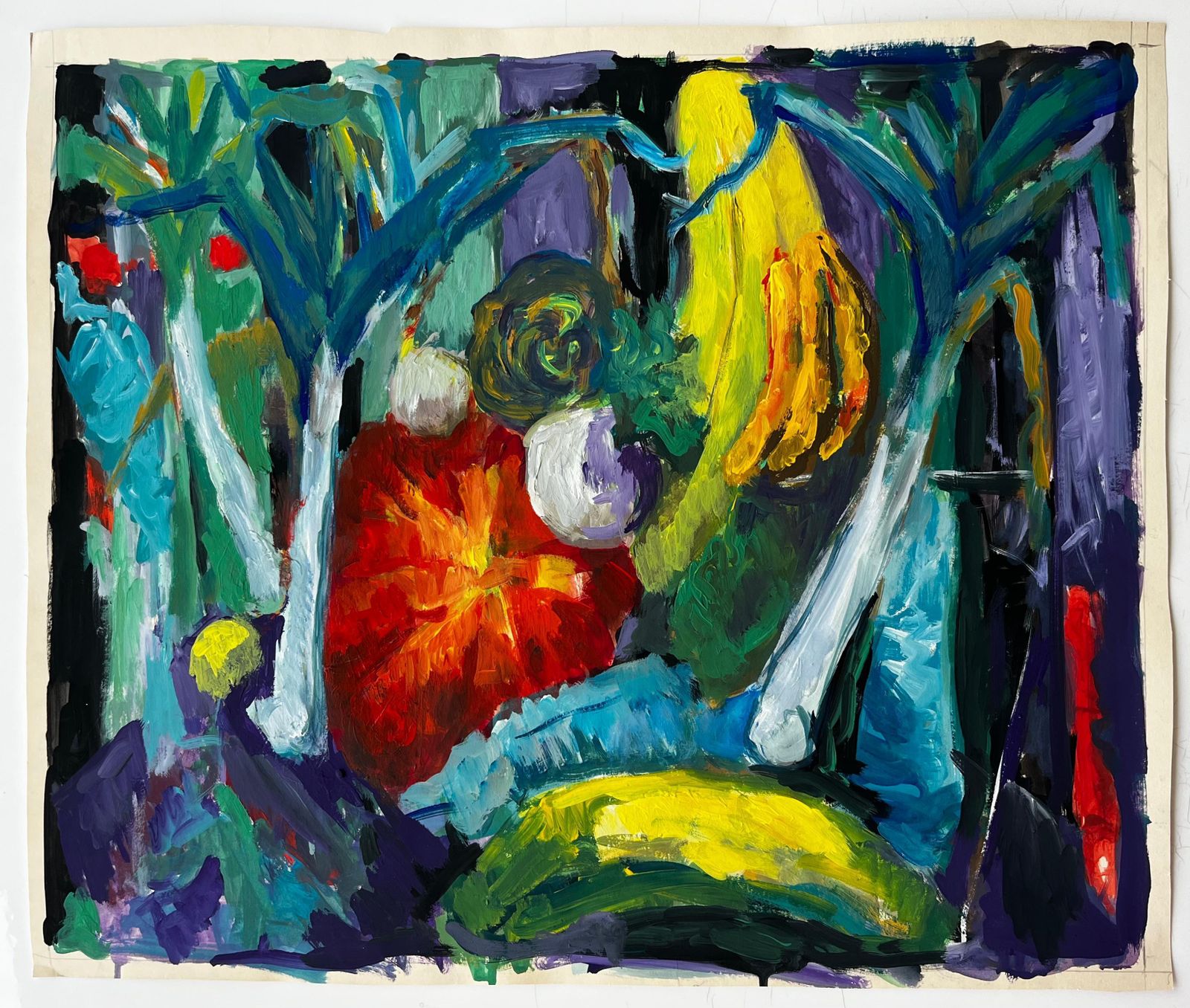 Guy Nicod Vibrant Still Life With Bananas Pumpkin And Leeks French Modernist Gouache photo furniture