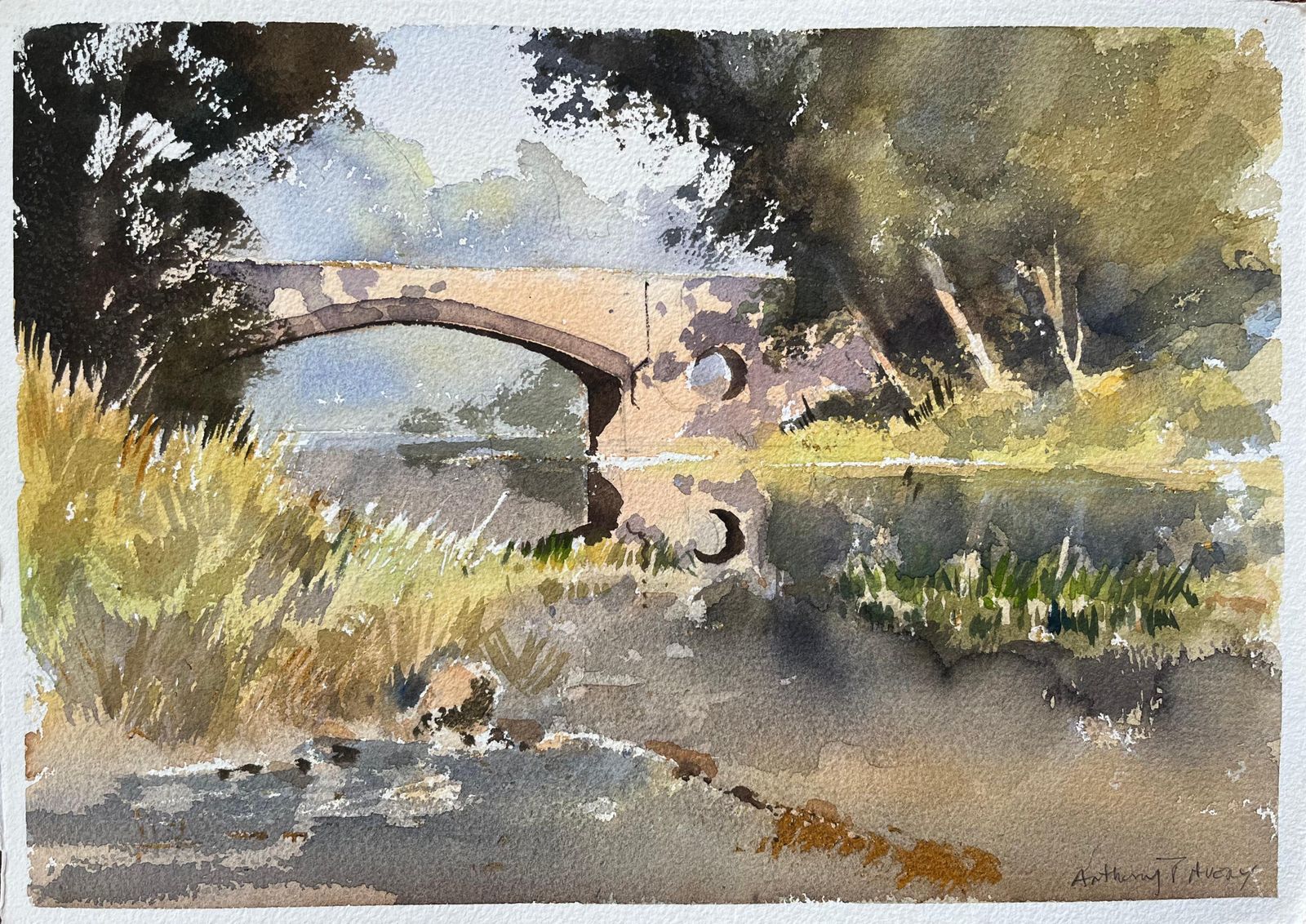 Anthony Avery British Impressionist Watercolor Of A Stone Bridge Over A Tranquil River