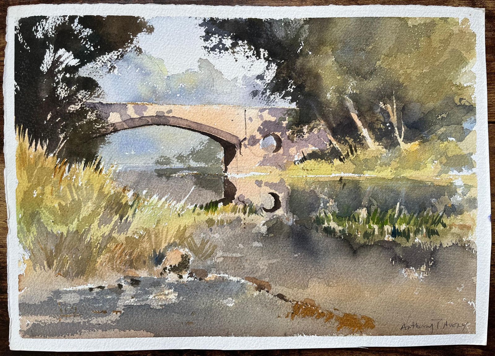 Anthony Avery British Impressionist Watercolor Of A Stone Bridge Over A Tranquil River photo furniture