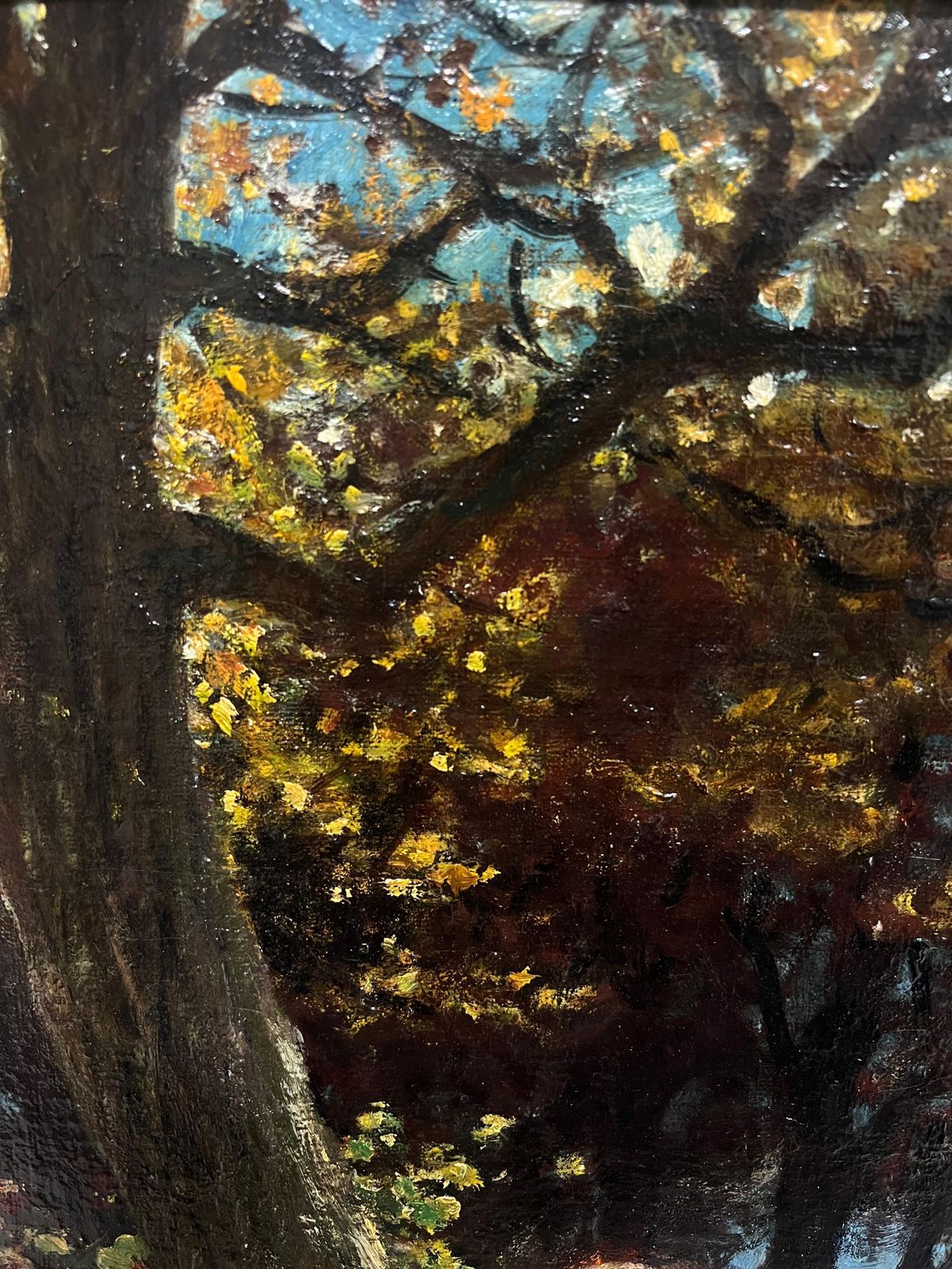 Antique French Barbizon Mid 19th Century French Barbizon Woodland Oil Painting Semi Nude Figure 1953 photo for sale