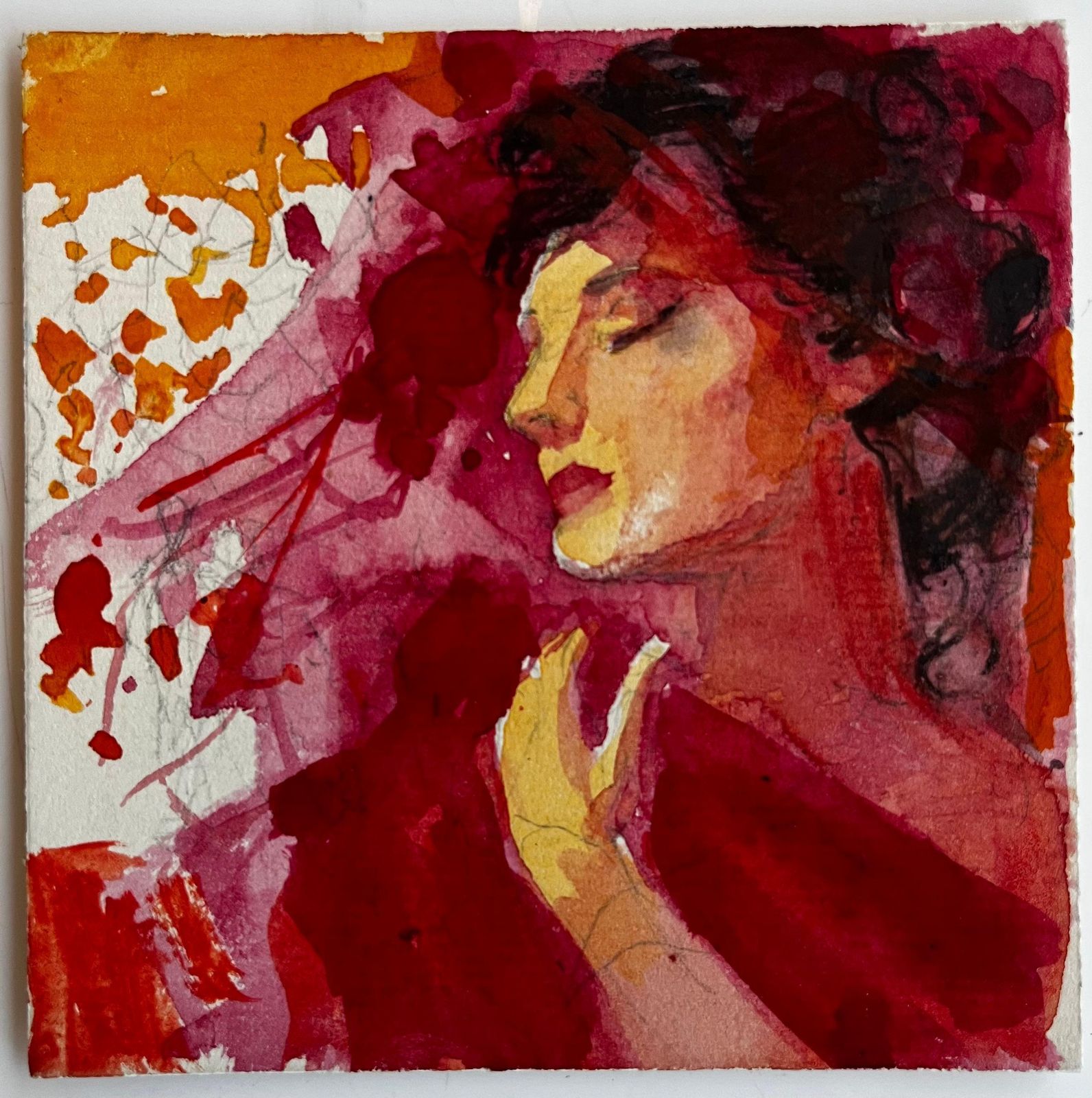 Pierre Neveu Expressive Female Portrait In Red Watercolor Gouache French Modernist photo furniture