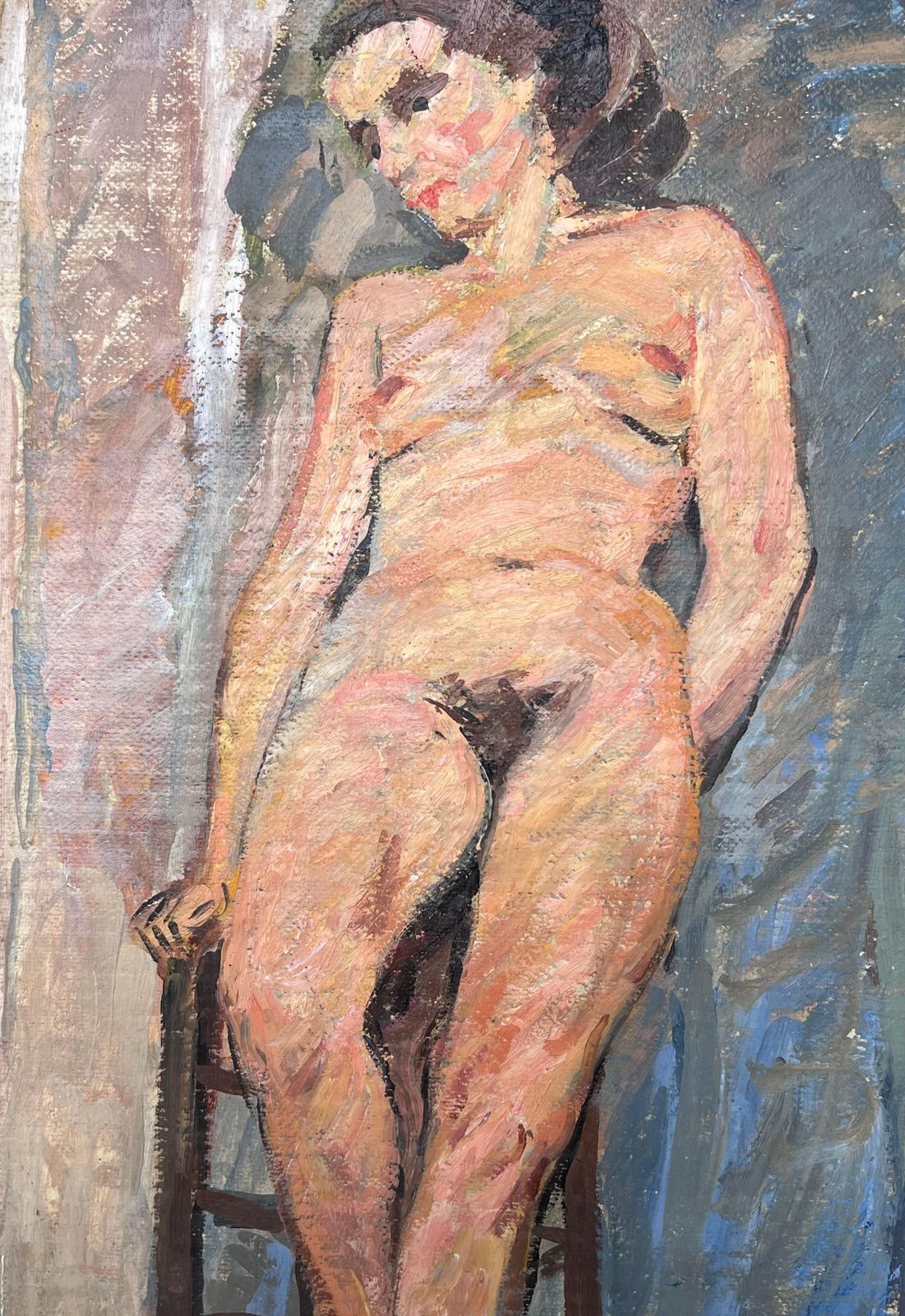 Suzanne Dinkes Nude Portrait Of A Lady Posed On Stall Mid Century French Impressionist Painting 1950's photo 675.0