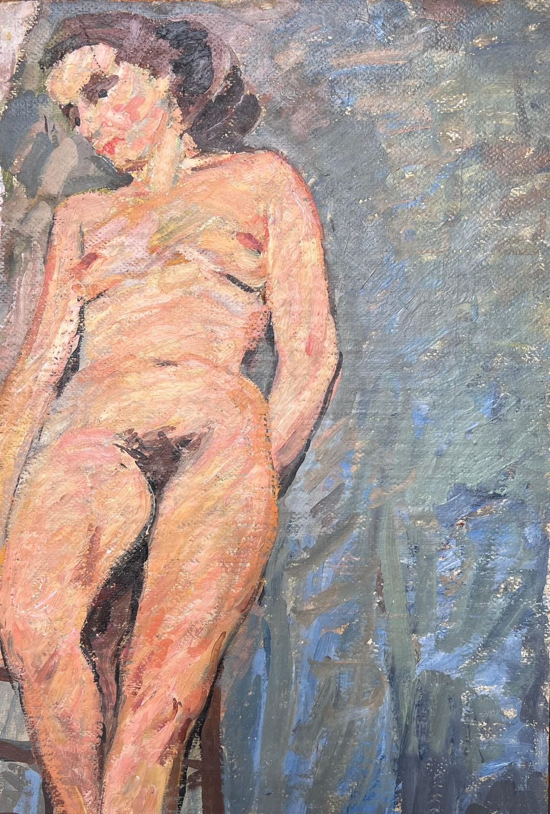 Suzanne Dinkes Nude Portrait Of A Lady Posed On Stall Mid Century French Impressionist Painting 1950's photo vinterior