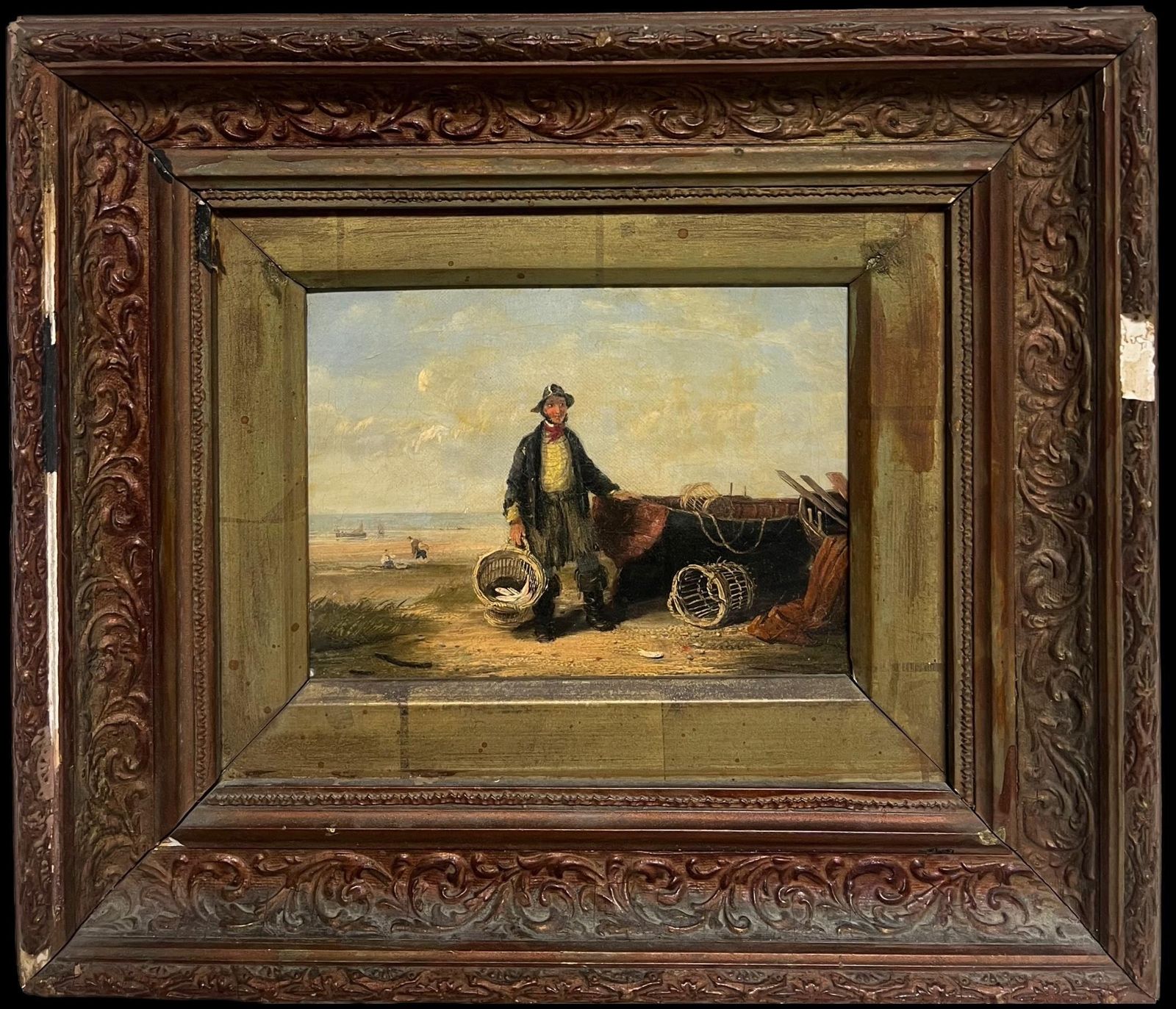 19th Century British School Antique British Oil Painting Fisherman In Beach With His Catch Of Fish 1953 photo furniture