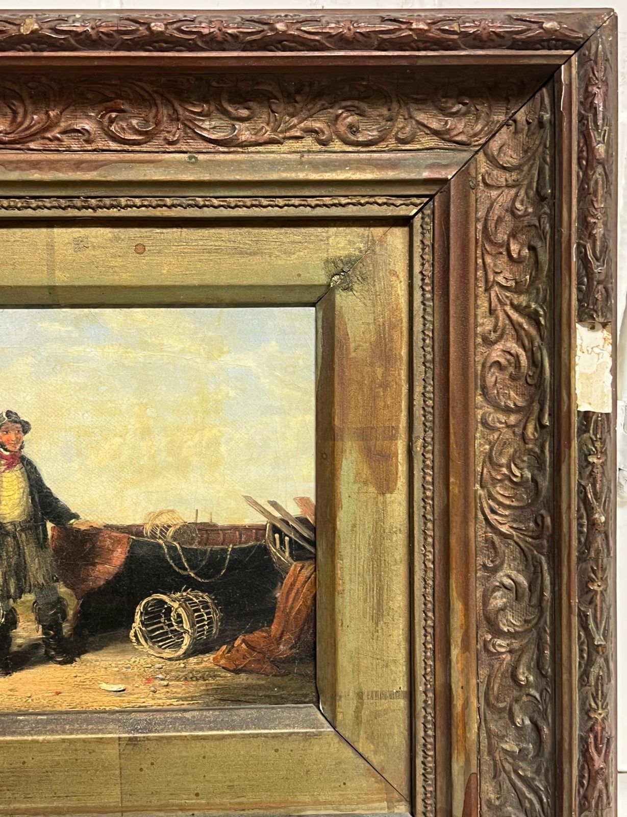 19th Century British School Antique British Oil Painting Fisherman In Beach With His Catch Of Fish 1953 photo Art