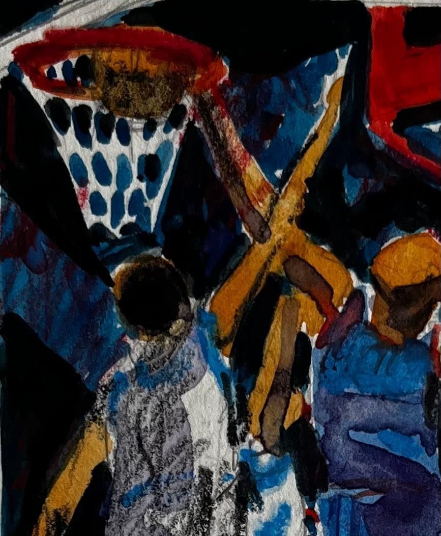 Pierre Neveu Basketball Players Under Stadium Lights Dynamic French Modernist Watercolor photo Art